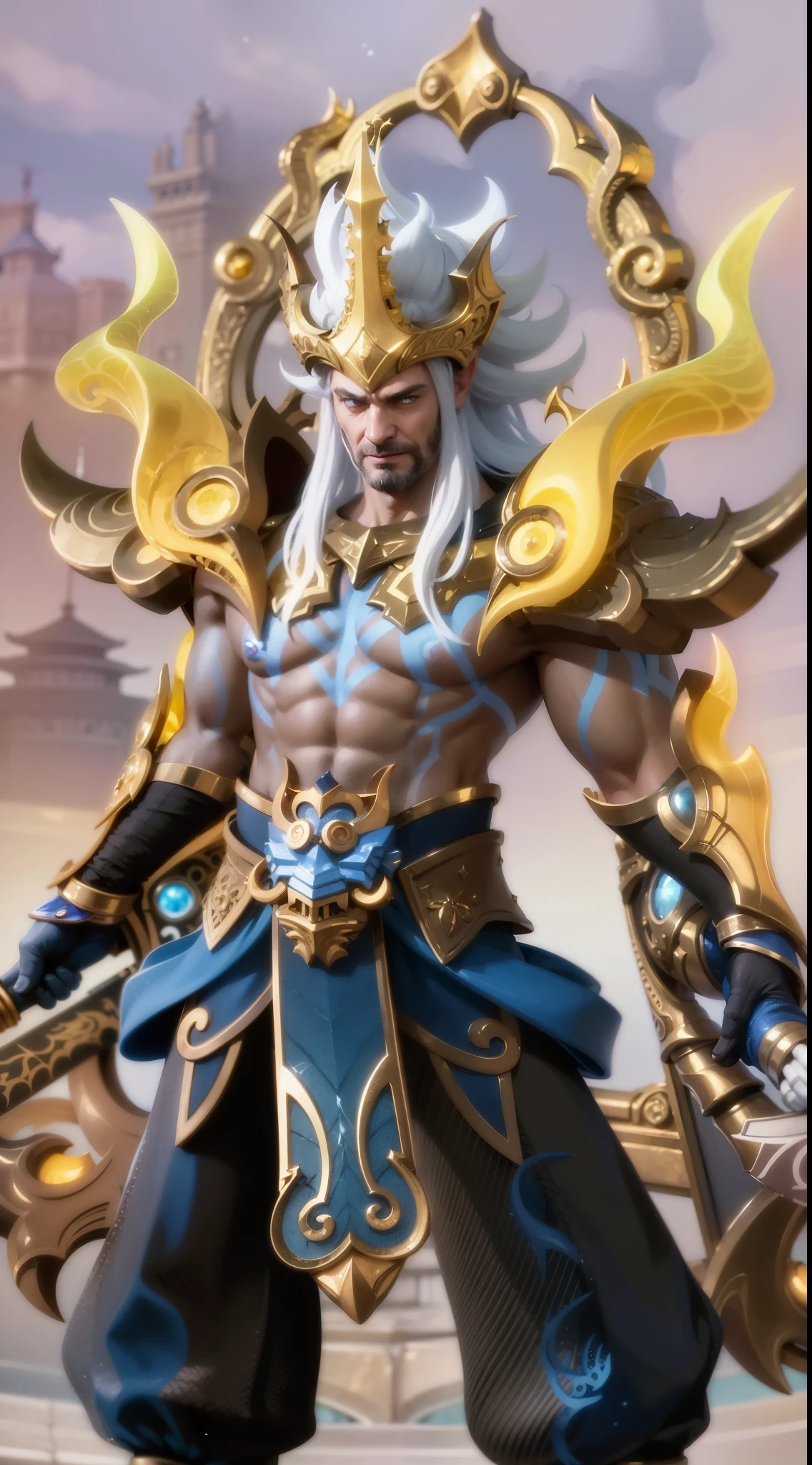 a close up of a man holding a sword in a sky, Masterpiece, ultra HD, detailed all picture, a close up of a devil, dyrroth from mobile legend, evil, extremely detailed artgerm, mobile legends character, inspired by Dyrroth, Six pack chest and abs, black jewel above the chest, light yellow eyes, glare.