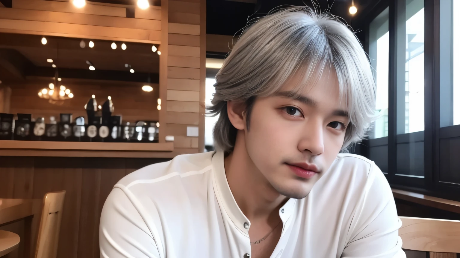 musician、A refreshing handsome man in his 40s、(Super cool S-class guy)、Japanese Male, 40 years old、、Photo taken in a cafe、a handsome guy、(CG Unity 8K high resolution photo)、(Very detailedSクラスのa handsome guy性)、(Realistic)、(highest quality))、Very detailed、super high quality、expensive、audience、kind person、Very beautiful hair Perm Hair、Bright photo、Handsome like a model、Handsome like an idol、Looking at the camera、inside a stylish cafe、Stubble、Silver Hair、