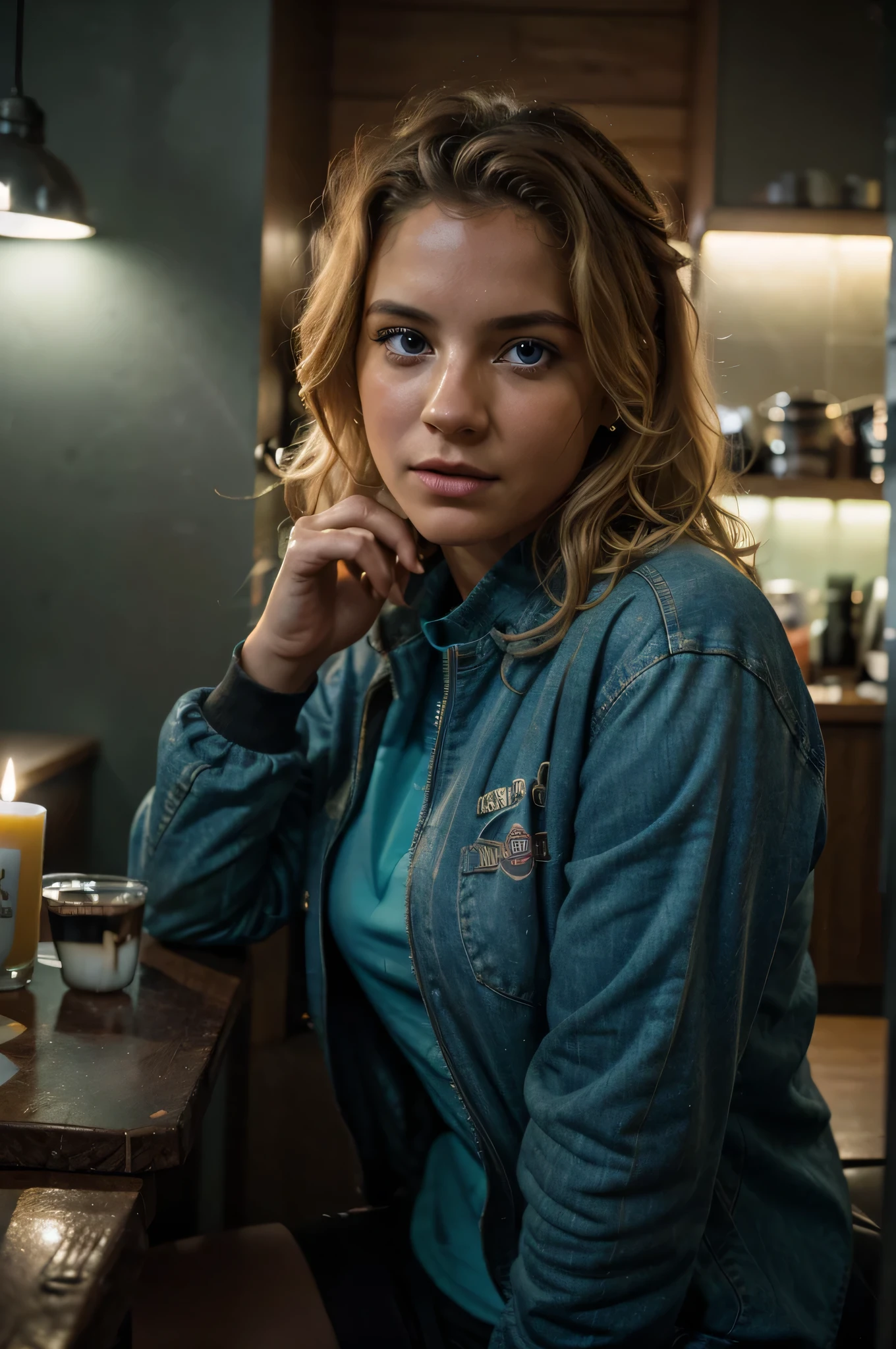 (8k, RAW photo, best quality, masterpiece:1.2) photograph of a woman (problematic facial expression), ultra textured skin, face turned to camera, full face, goosebumps, curly blonde hair, sports jaket, happy shot, dark and a mysterious cafe with unique hidden formations and hidden wonders, full body height, perfect blue eyes (candles, chiaroscuro), sitting in a 90s diner, Porta 160 color, shot on Canon 7D, bokeh, by lee jeffries, nikon d850, film stock photograph ,4 kodak portra 400,camera f1.6 lens,bright colors,hyper realistic,lifelike texture, dramatic lighting, cinestill 800.