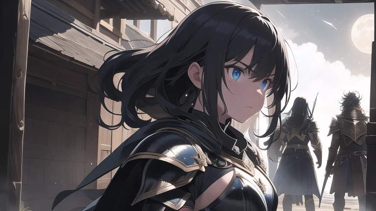 (highres), dark and mysterious, armor, shining metallic plates, powerful and confident stance, moonlit battlefield, intensity, dramatic lighting, epic battle, flowing cape, golden accents, moonlight reflection, dangerous aura, determination, glowing eyes, war-torn surroundings, intricate engravings on the armor, skilled warrior, medieval setting, shadows, intense expression, warrior princess, fearsome reputation, iconic silhouette, evokes awe and respect.