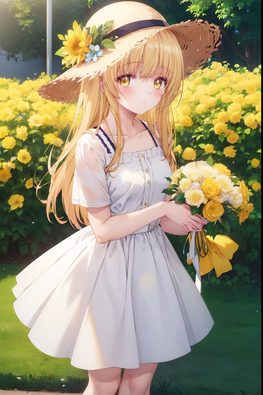 Mahiru shiina, , blonde, (Yellow Eyes:1.3)、Braided long hair,,blush,smile,Captivating thighs、Beautiful bare legs, Sideways armpit、Very cute short sleeve、A very beautiful flower garden、Holding a colorful bouquet💐、Wearing a straw hat
(masterpiece:1.2), highest quality, High resolution, unity 8k wallpaper, (shape:0.8), (Beautiful and beautiful eyes:1.6), Highly detailed face, Perfect lighting, Highly detailed CG, (Perfect hands, Perfect Anatomy),