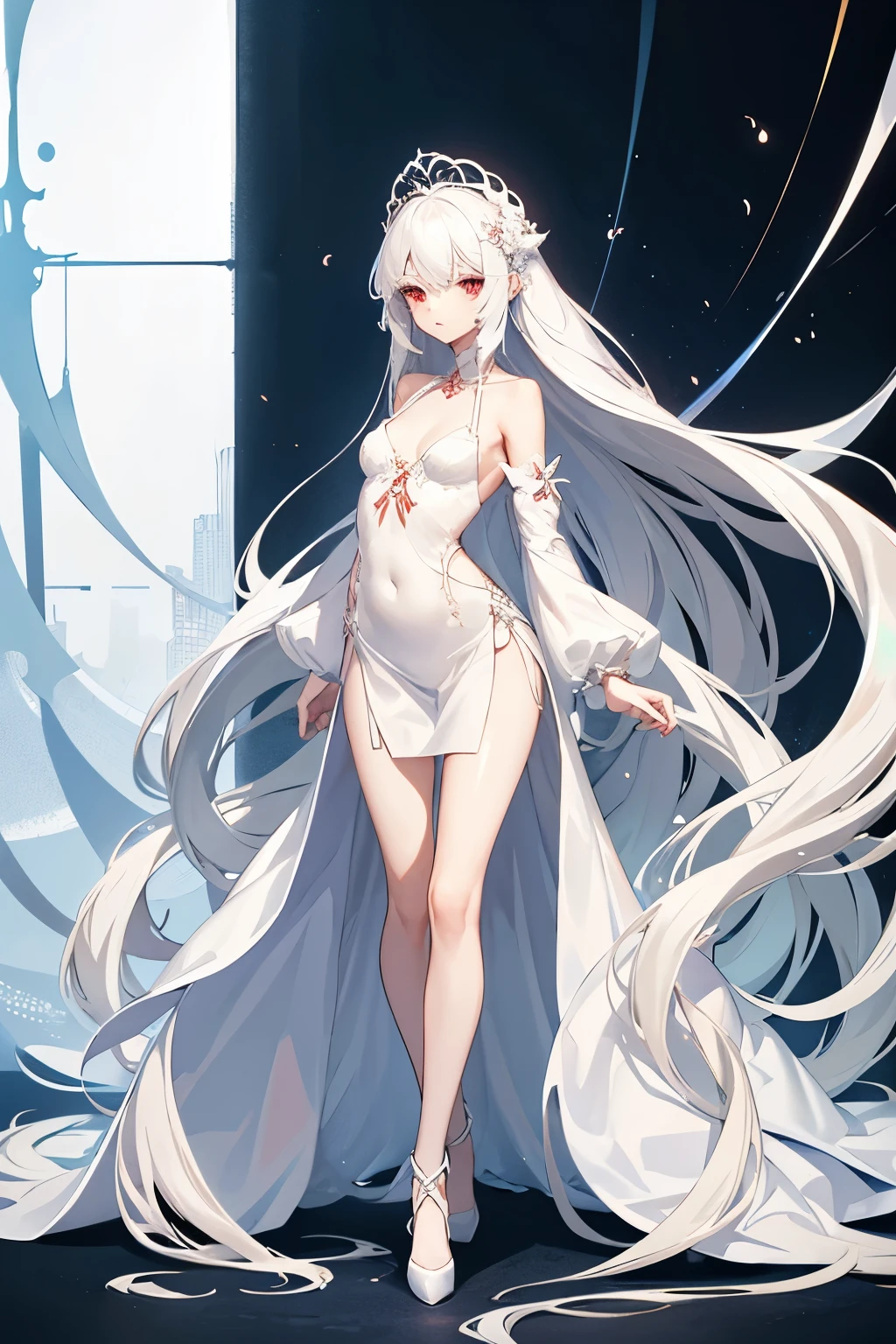 Character design, female, long white hair, wearing a short white lace dress with spaghetti straps, red eyes, small frame, very skinny, detailed, best quality, no accesoires around the neck, prominent collarbones, skinny arms, flat stomach, full body