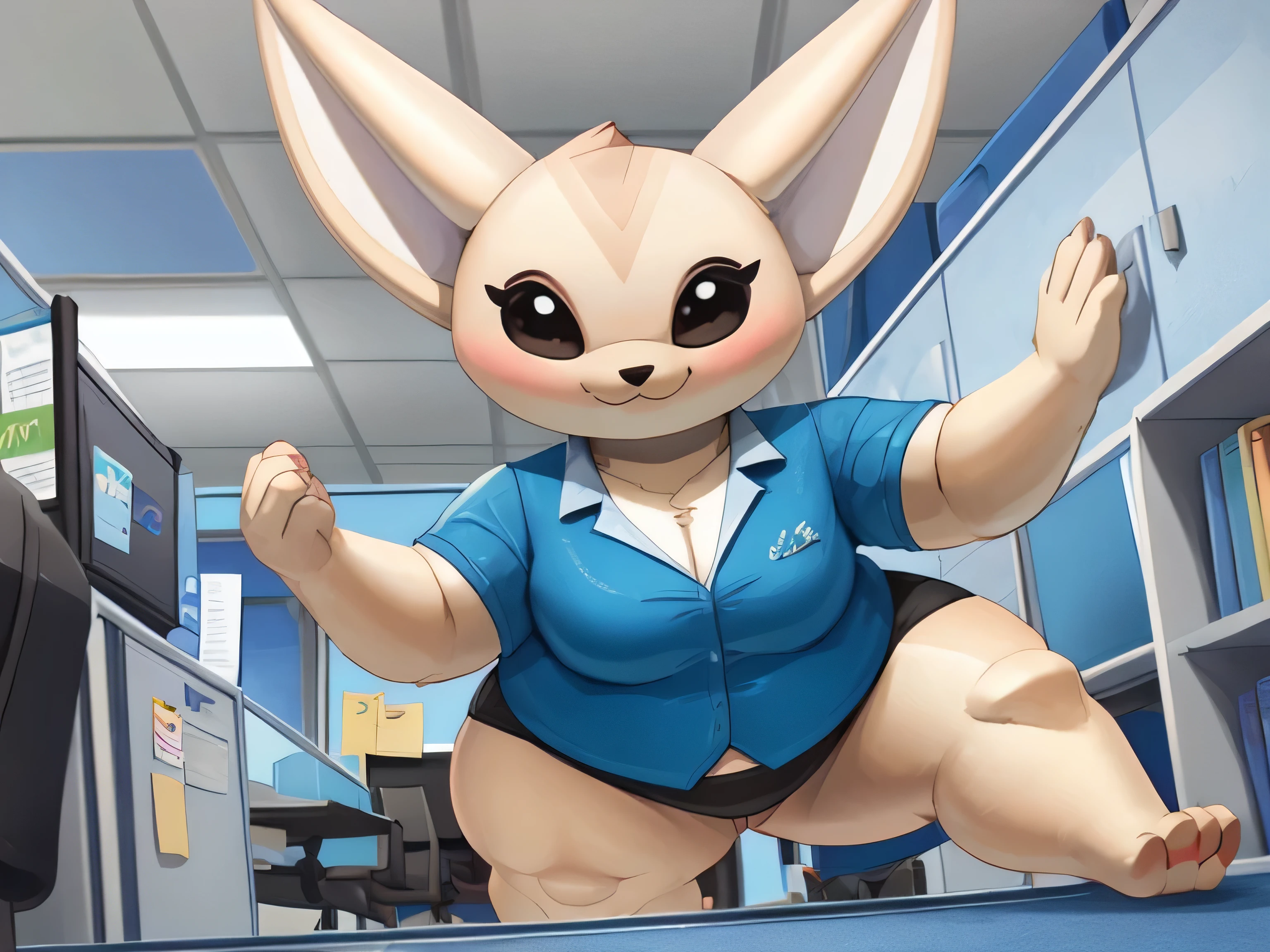 (melhor qualidade, obra de arte:1), Fenneko hairy female den, colete azul, camisa branca, saia azul, seios grandes, Olhando para o telespectador, cauda de raposa, front angle view, pov, olhando para o espectador, sorriso, boca fechada, sorriso pretensioso, sedutor, olhos semicerrados, (office ceiling background:1.0), estilo pixar, gordinha, pernas gordas, bunda grande, gorduras laterais, muito obesa, 100kg weight, immobile, weight gain
