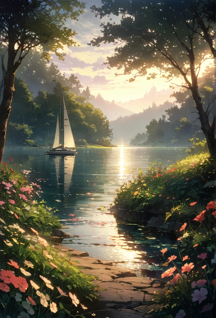 detailed background, ( Calm spring night landscape), among lush greenery, beautiful view,  in full bloom,  early morning, rising sky, beautiful clouds, dappled sunlight, outdoor seating,Calm lake, A sailboat with three masts and scarlet sails on the lake, depth of field, masterpiece, Best quality, ultra detailed, very aesthetic, illustration, perfect composition, intricate details, absurdity, moody lighting, Glimpses of light,   no people,