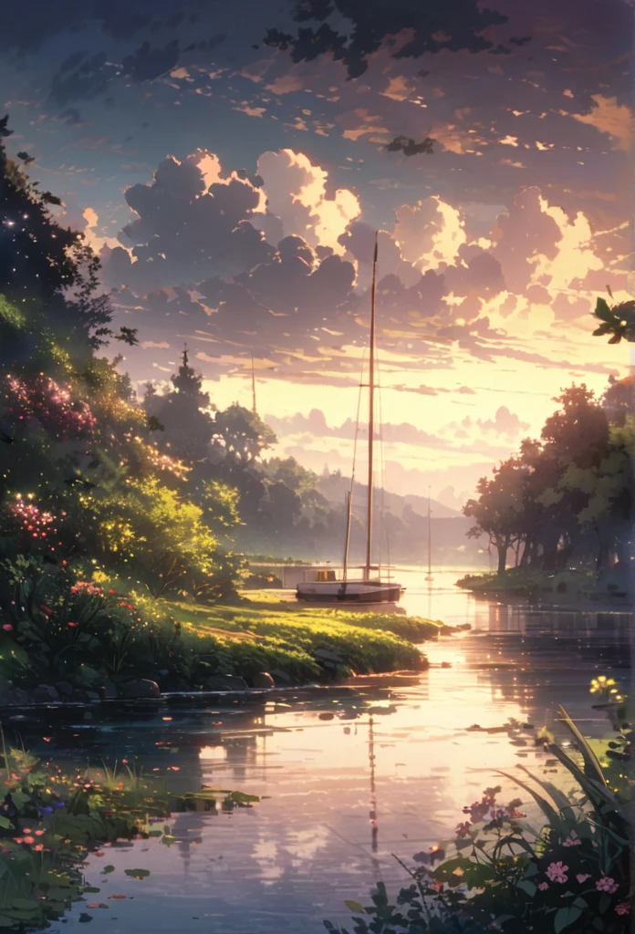 detailed background, ( Calm spring night landscape), among lush greenery, beautiful view, in full bloom, early morning, rising sky, beautiful clouds, dappled sunlight, outdoor seating,Calm lake, A sailboat with three masts and scarlet sails on the lake, depth of field, masterpiece, Best quality, ultra detailed, very aesthetic, illustration, perfect composition, intricate details, absurdity, moody lighting, Glimpses of light, no people,