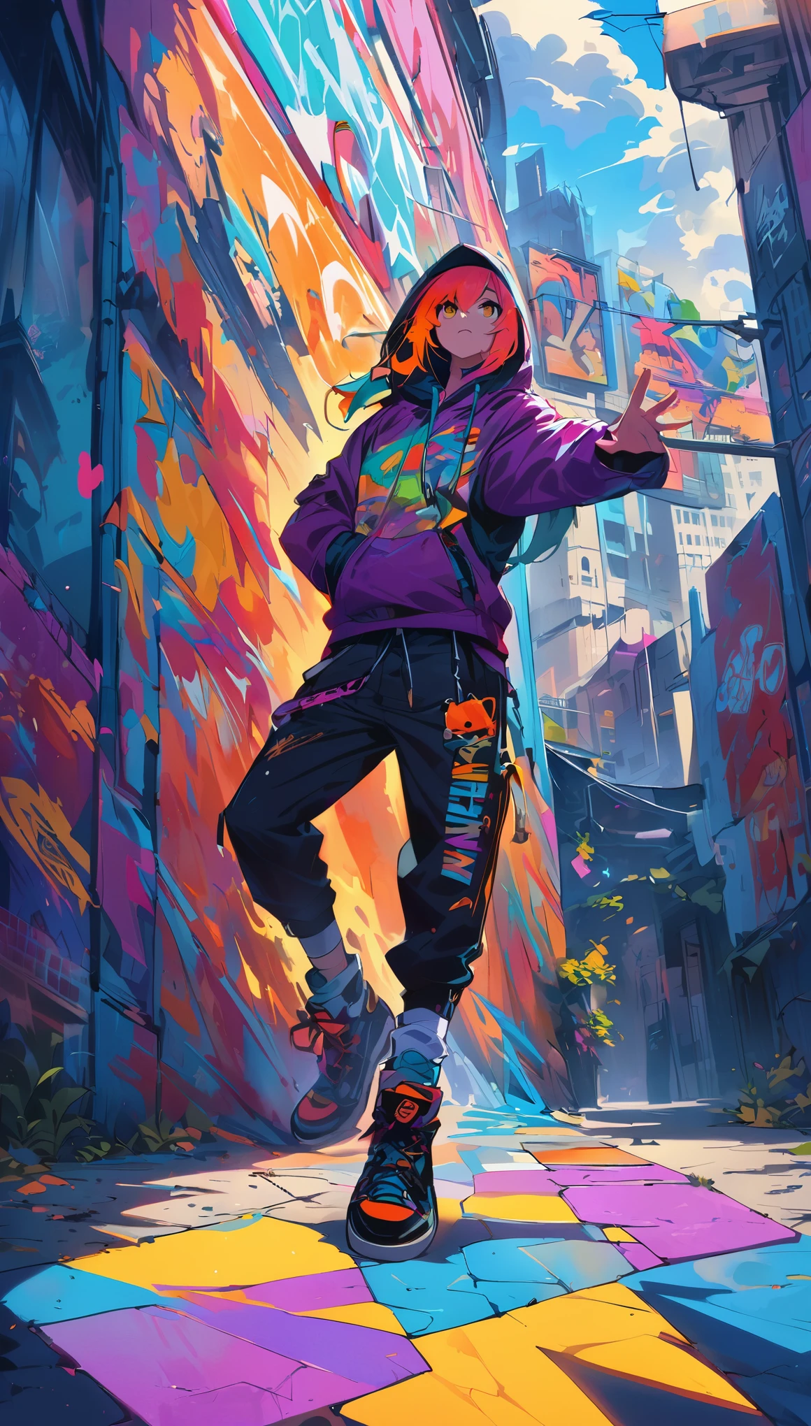 a tight focus on someone in hip-hop garb that pulls out to reve,hip-hop artist, vibrant street art mural, energetic atmosphere, expressive graffiti, bold colors, dynamic poses, urban fashion, intricate details, lively street scene, urban culture, rhythmic music, stylish graffiti, artistic backdrop, urban vibe, larger-than-life artwork, gritty textures, vibrant cityscape, vibrant hip-hop style, bustling street, high-quality resolution, masterful strokes, compelling composition, high contrast, dynamic lighting, eye-catching visuals, authentic street style, powerful visual impact, raw energy, captivating storytelling, unapologetic attitude, larger-than-life characters, larger-than-life gestures, immersive setting, impressive artistic skill, confident demeanor, contagious energy, authentic hip-hop culture, dynamic movement, graffiti-inspired fashion.
Image Quality: (best quality, 4k, 8k, highres, masterpiece:1.2),
Art style: street art, graffiti, urban, hip-hop culture, urban fashion, vibrant, energetic,
Color tone: bold colors, vibrant hues, High contrast lighting: dynamic lighting, lively atmosphere, streetlamp glow