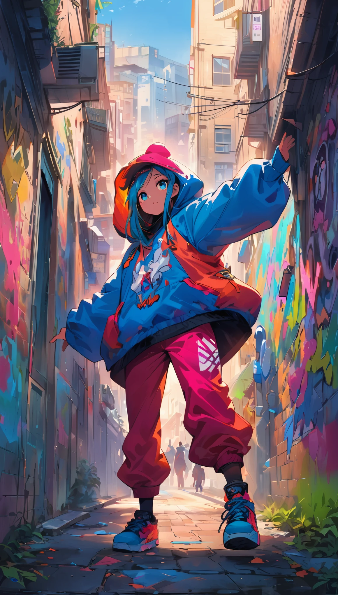a tight focus on someone in hip-hop garb that pulls out to reve,hip-hop artist, vibrant street art mural, energetic atmosphere, expressive graffiti, bold colors, dynamic poses, urban fashion, intricate details, lively street scene, urban culture, rhythmic music, stylish graffiti, artistic backdrop, urban vibe, larger-than-life artwork, gritty textures, vibrant cityscape, vibrant hip-hop style, bustling street, high-quality resolution, masterful strokes, compelling composition, high contrast, dynamic lighting, eye-catching visuals, authentic street style, powerful visual impact, raw energy, captivating storytelling, unapologetic attitude, larger-than-life characters, larger-than-life gestures, immersive setting, impressive artistic skill, confident demeanor, contagious energy, authentic hip-hop culture, dynamic movement, graffiti-inspired fashion.
Image Quality: (best quality, 4k, 8k, highres, masterpiece:1.2),
Art style: street art, graffiti, urban, hip-hop culture, urban fashion, vibrant, energetic,
Color tone: bold colors, vibrant hues, High contrast lighting: dynamic lighting, lively atmosphere, streetlamp glow