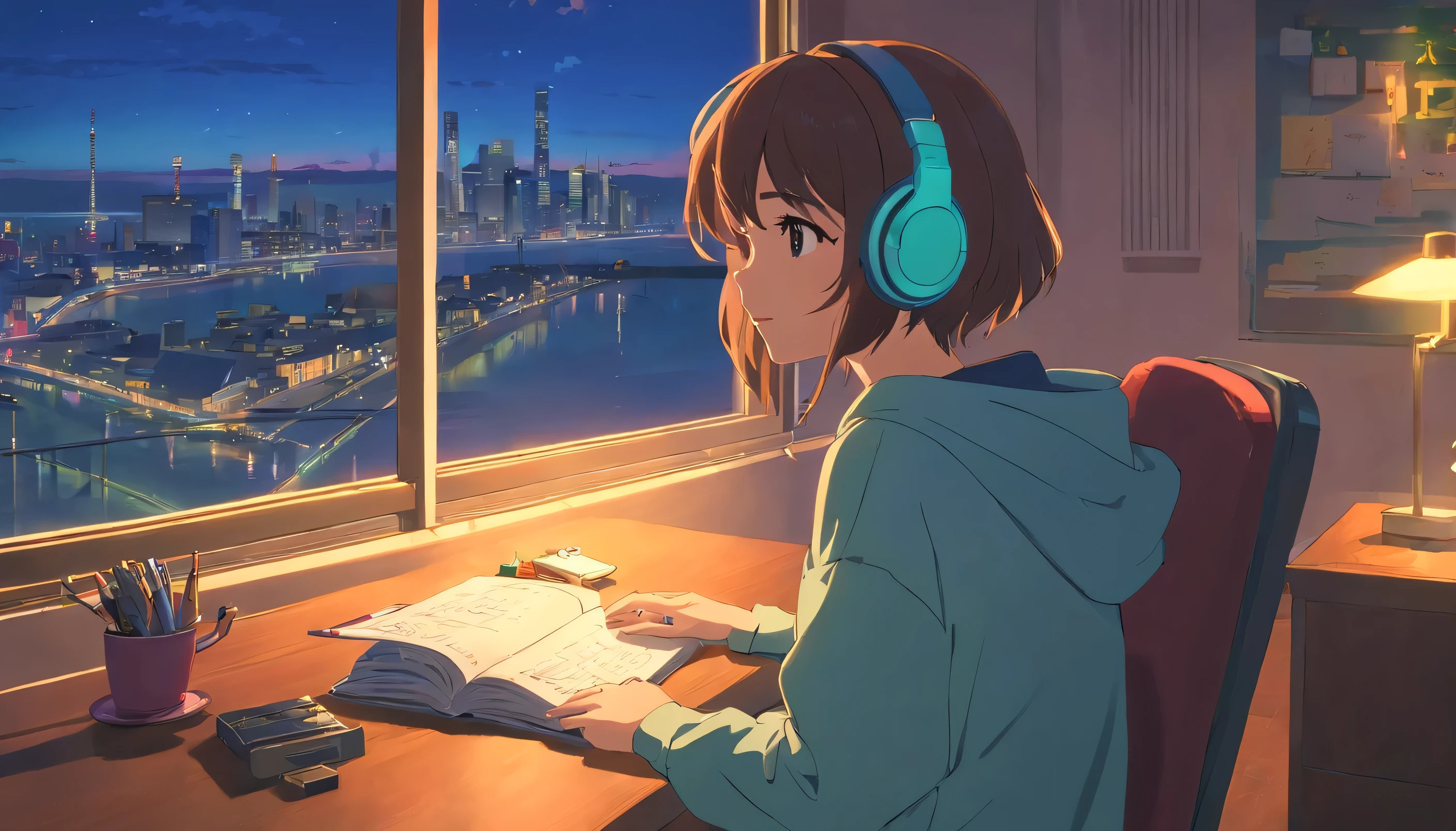 Portrait、512、Lo-Fi(Lo-Fi)、Girl sitting on a chair wearing headphones、Take a nap at your desk、close your eyes、city view outside the window、evening、pastel colour、Painting