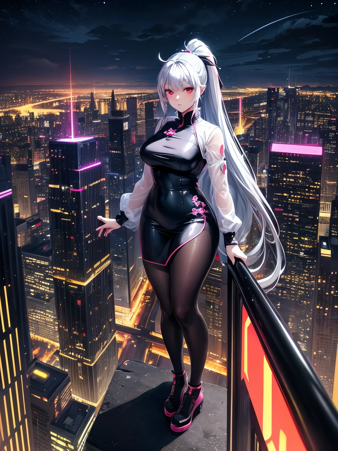 anime, (artwork, best quality, ultra-detailed, high contrast), 1 woman (Alone, full body, plus size body, standing on the edge of the skyscraper, silver hair, LONG In a ponytail, red eyes, perfect eyes ruby sparkles, (simple black qipao, black cybernetics with neon pink), transparent black socks), (skyscraper roof, overlooking a city, detailed background ((night time, Darkness, low light pollution)))