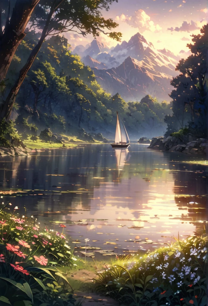 detailed background, ( Calm spring night landscape), among lush greenery, beautiful view, in full bloom, early morning, rising sky, beautiful clouds, dappled sunlight, outdoor seating,Calm lake, A sailboat with three masts and scarlet sails on the lake, depth of field, masterpiece, Best quality, ultra detailed, very aesthetic, illustration, perfect composition, intricate details, absurdity, moody lighting, Glimpses of light, no people,