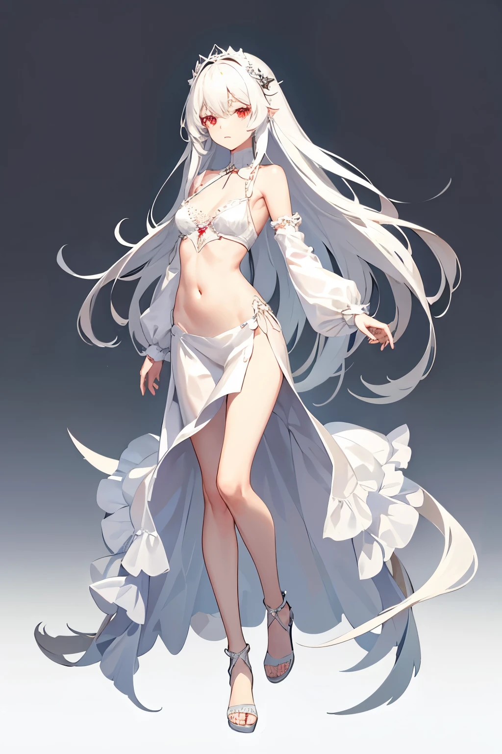 Character design, female, long white hair, wearing a short white lace dress with spaghetti straps, red eyes, small frame, very skinny, detailed, best quality, no accesoires around the neck, prominent collarbones, skinny arms, flat stomach, full body