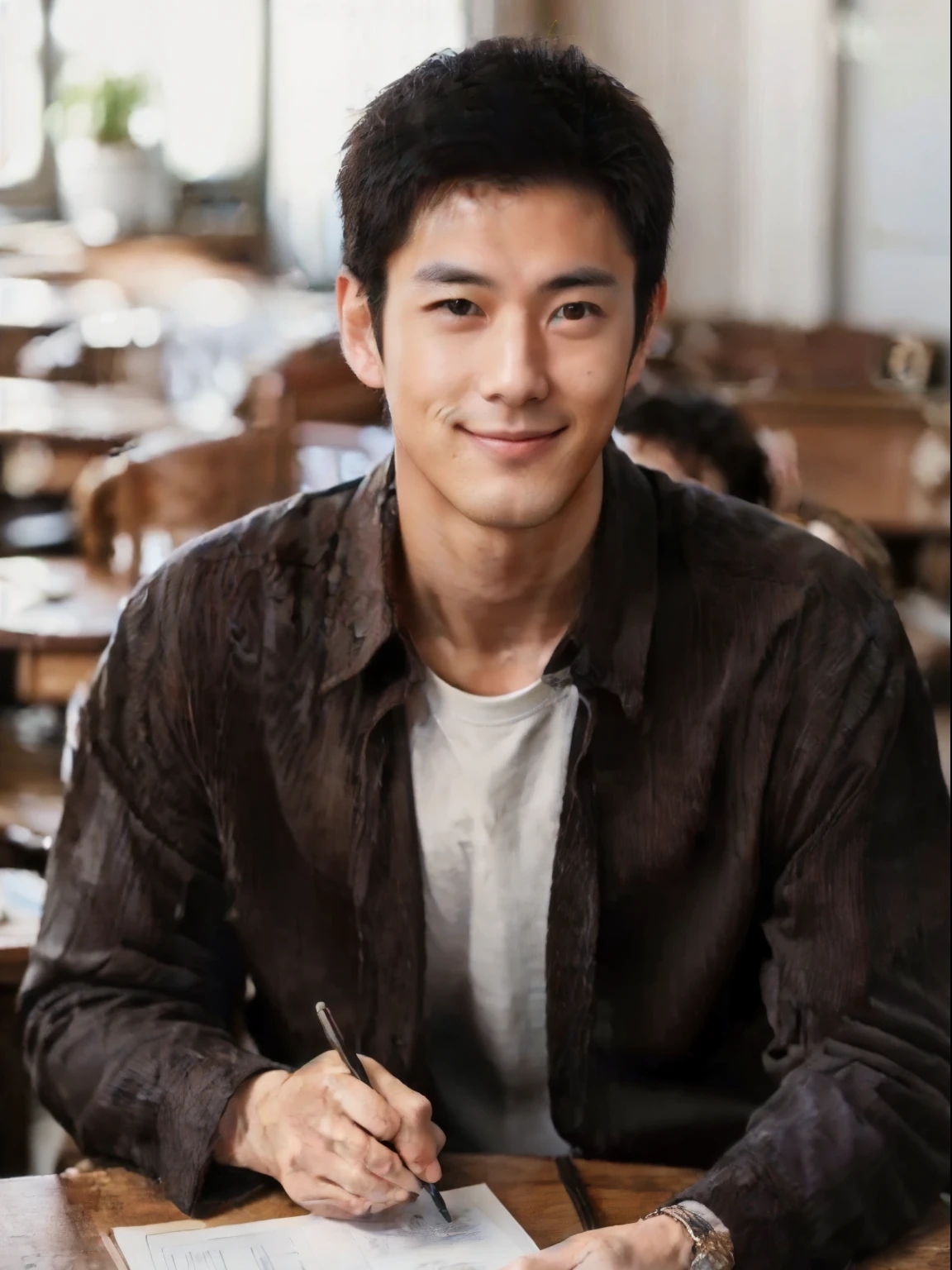 ((A 30 year old brunette.Tall and handsome Japanese men look like movie idol stars.Smile, looking at camera, maintain eye contact)), Surrealism, 8k, Extremely detailed, With the best quality, A man,Japanese , unsupervised , in the classroom ,Beautiful people , Suit.