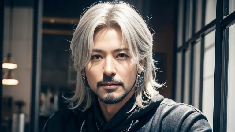 musician、A refreshing handsome man in his 40s、（Super cool S-class guy）、Japanese Male, 40 years old、、Photo taken in a cafe、a handsome guy、（Very detailedＳクラスのa handsome guy性）、（highest quality））、Very detailed、super high quality、expensive、audience、kind person、Very beautiful hair　Perm Hair、Bright photo、Handsome like a model、Handsome like an idol、Looking at the camera、inside a stylish cafe、Stubble、Silver Hair、