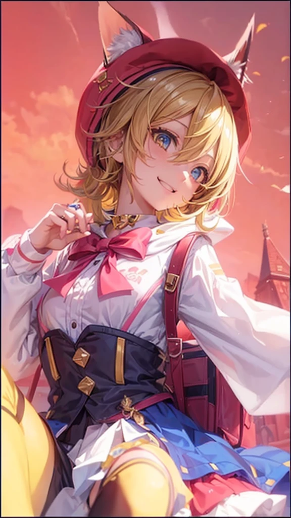 (masterpiece), (highest quality), (illustration), (super detailed), (high resolution), absurdity, one girl, (kagamine-rin), (vocaloid), smile, short hair, hair clip, (hoodie with cat ears), wearing a hoodie hat, moe sleeves, blush, black shorts, (blonde), (tattoo of the number 02 on the left arm), very cute girl, small, young, delicate, Outdoors, attention to girls