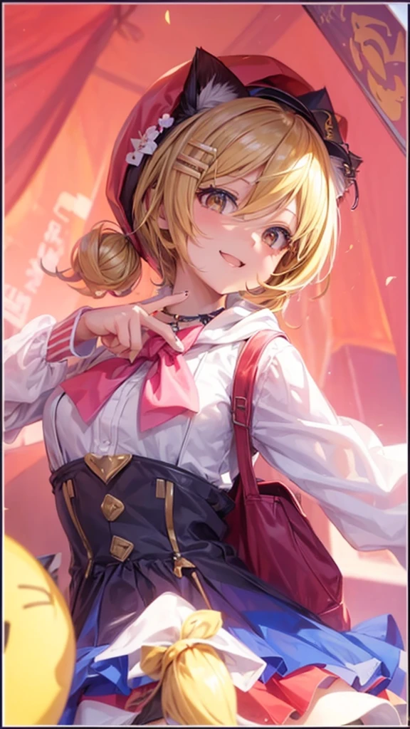 (masterpiece), (highest quality), (illustration), (super detailed), (high resolution), absurdity, one girl, (kagamine-rin), (vocaloid), smile, short hair, hair clip, (hoodie with cat ears), wearing a hoodie hat, moe sleeves, blush, black shorts, (blonde), (tattoo of the number 02 on the left arm), very cute girl, small, young, delicate, Outdoors, attention to girls