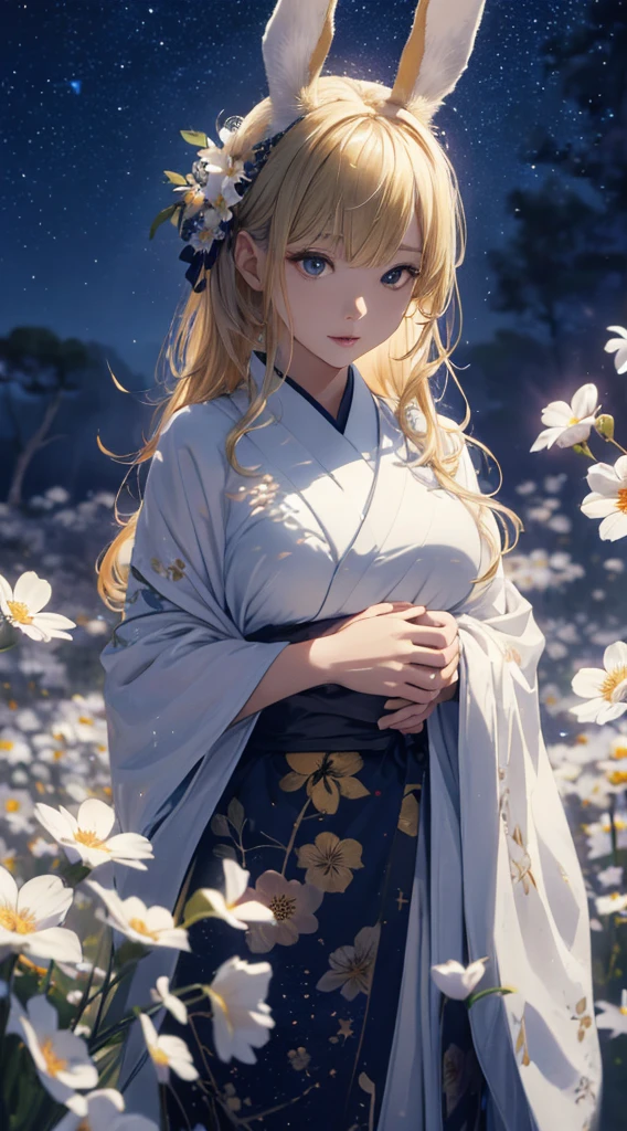 masterpiece, high quality, 4K, Beautiful design, silhouette，blonde， 非常に詳細な夜のStarry Sky,Flower Field， wonderful, Finer details,  Very knowledgeable woman, Highly detailed solo, 1 female,Bunny ears，Big Breasts，White kimono，Night view，Starry Sky，full moon，