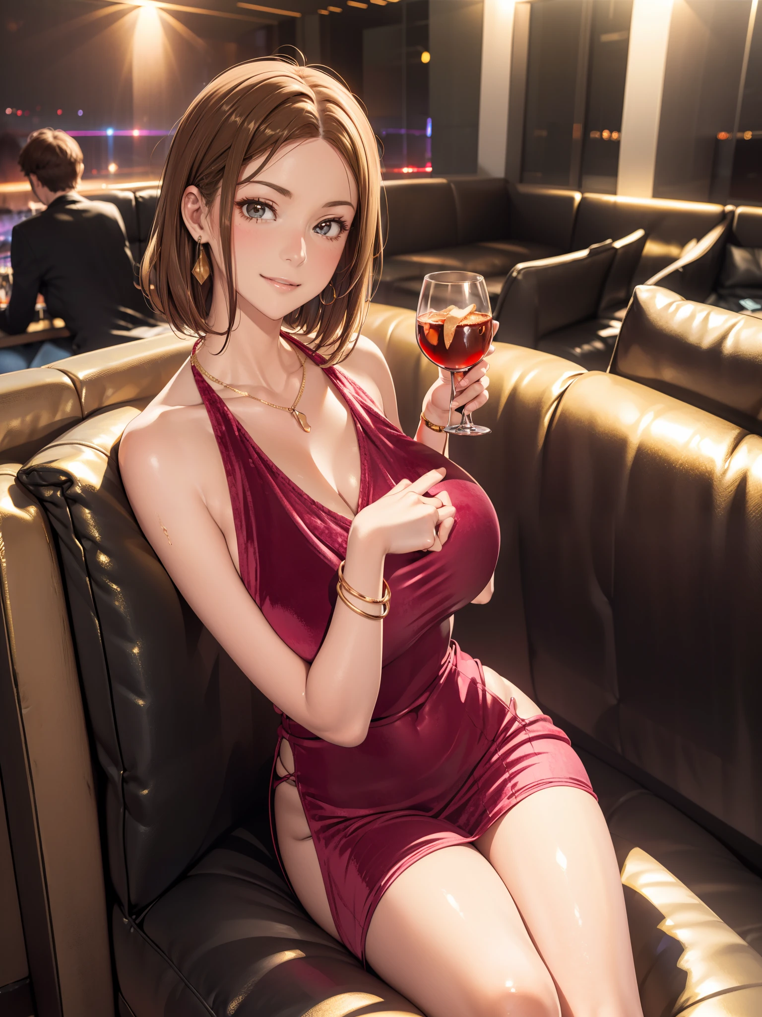 best quality, ultra-detailed, illustration,
cabaret, scenery, bar (place), indoors, chair, table, light,
(((Big Breasts))), (nightclub:1.5),
(((Golden lighting、Velvet dress、Red Velvet Long Sofa))), character:Tchibana kyoka,
1girl, solo, , jewelry, necklace, smile, black hair, looking at viewer, black dress, sleeveless dress, bracelet, sitting, drinking glass, ,