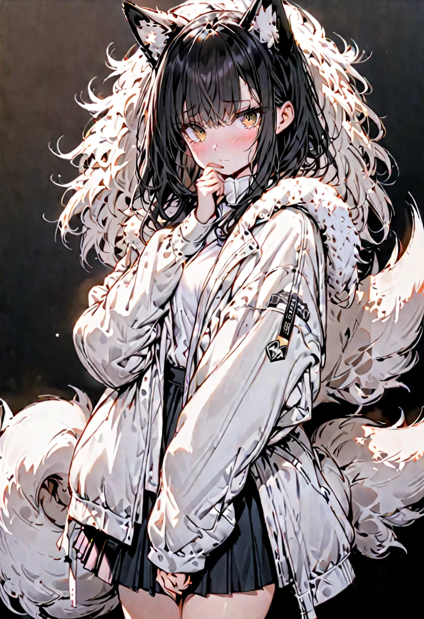 solo, female, sfw, medium shot, short:1.4, long fluffy black hair, hazel eyes, shy, oversized jacket, blush, fox tail, medium breasts, skirt