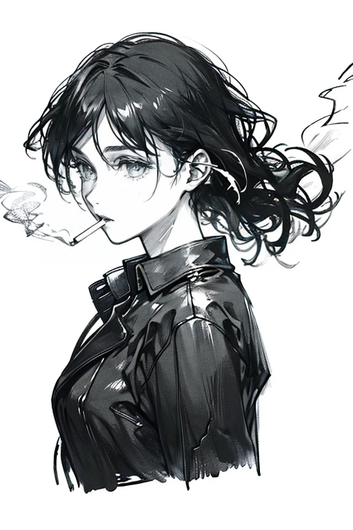 1lady,solo,cool,she put a cigarette in her mouth, she smoke a cigarette,smoke,cigarette,jet black background,silhouette,dark,darkness