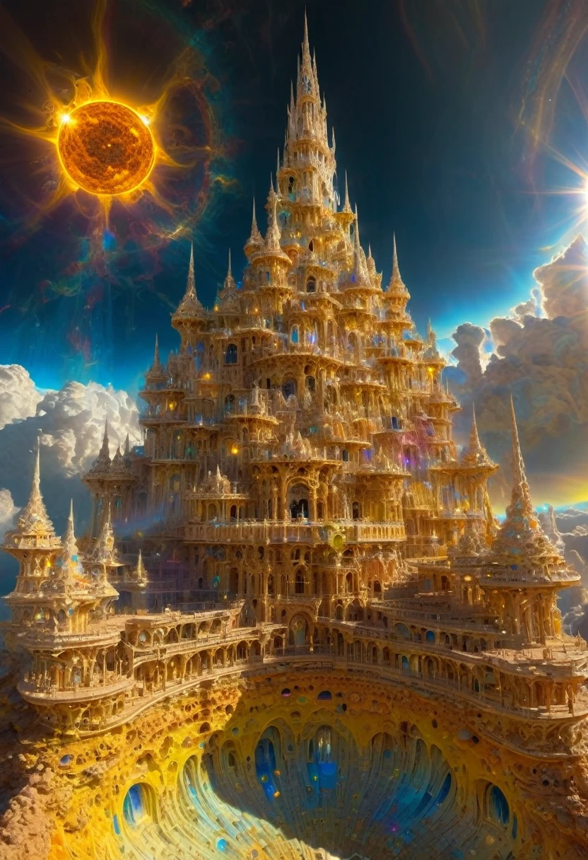 (Castles hovering, majestic structures, ethereal, otherworldly, in the realm of clouds:0.5), (Solar Synesthesia, sensory solarism, synesthetic sunscapes, solar symphonies, chromatic enlightenment:1.3), (masterpiece, best quality, Professional, perfect composition, very aesthetic, absurdres, ultra-detailed, intricate details:1.3)