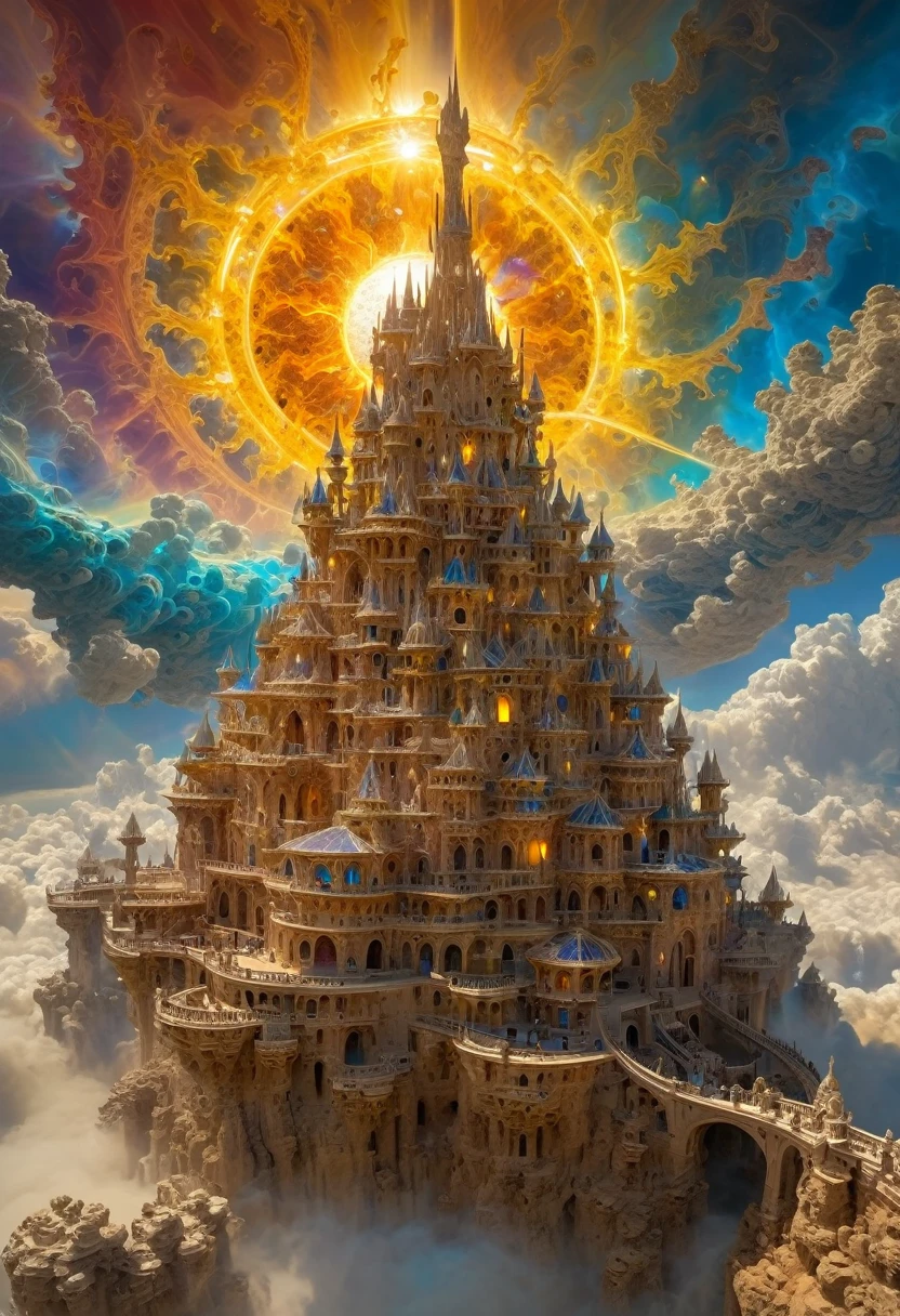 (Castles hovering, majestic structures, ethereal, otherworldly, in the realm of clouds:0.5), (Solar Synesthesia, sensory solarism, synesthetic sunscapes, solar symphonies, chromatic enlightenment:1.3), (masterpiece, best quality, Professional, perfect composition, very aesthetic, absurdres, ultra-detailed, intricate details:1.3)