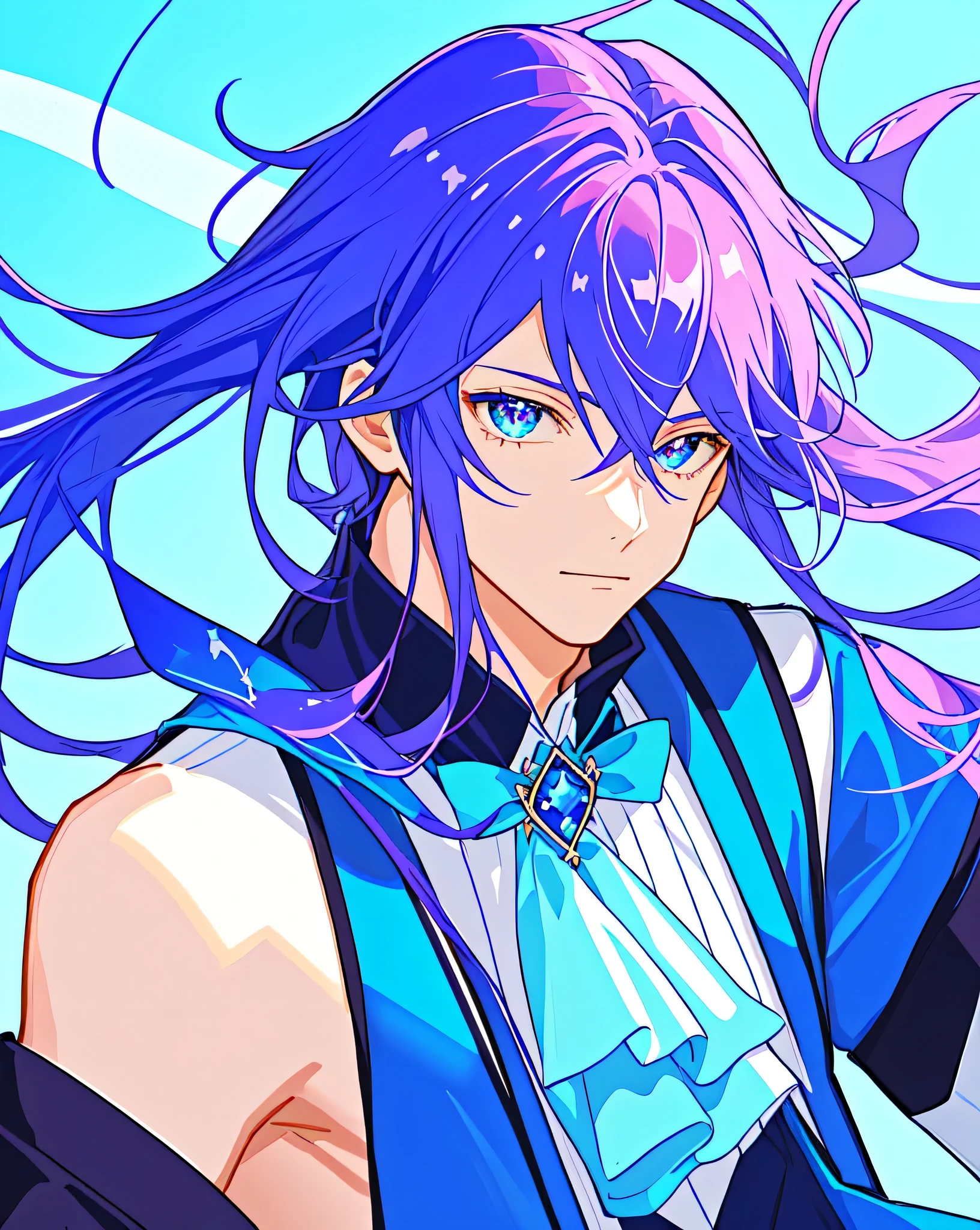 Close-up of a boy wearing a purple and blue one-piece dress with a brooch、solo、Official artwork、He has long cyan-purple hair、Boy with long purple hair、Yellow eyed boy、Side ponytail hair、Long legs、solo、Blue layered ruffle mini skirt、Blue thigh-high boots、Blue heel boots、Puffy, round sleeves、Purple Arm Warmer、Cool Magic Boy、Official character art、Splash art anime、style of Magic Boy、Full body close-up、Official Fan Art、Anime Moe Art Style、Happy!!!、!!Full body portrait!!、Official character illustration、sparkling Magic Boy、Heavenly Aura、Sapphire Prince、Hymn to the King as a Prince、Magic Boy、portrait of Magic Boy、Cowboy Shot、Blue&#39;s iconic character、