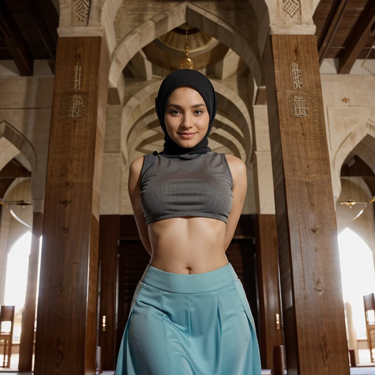 Malay hijab, smile, crop top, long skirt, (((inside mosque))), big breast, perfect face, sexy pose