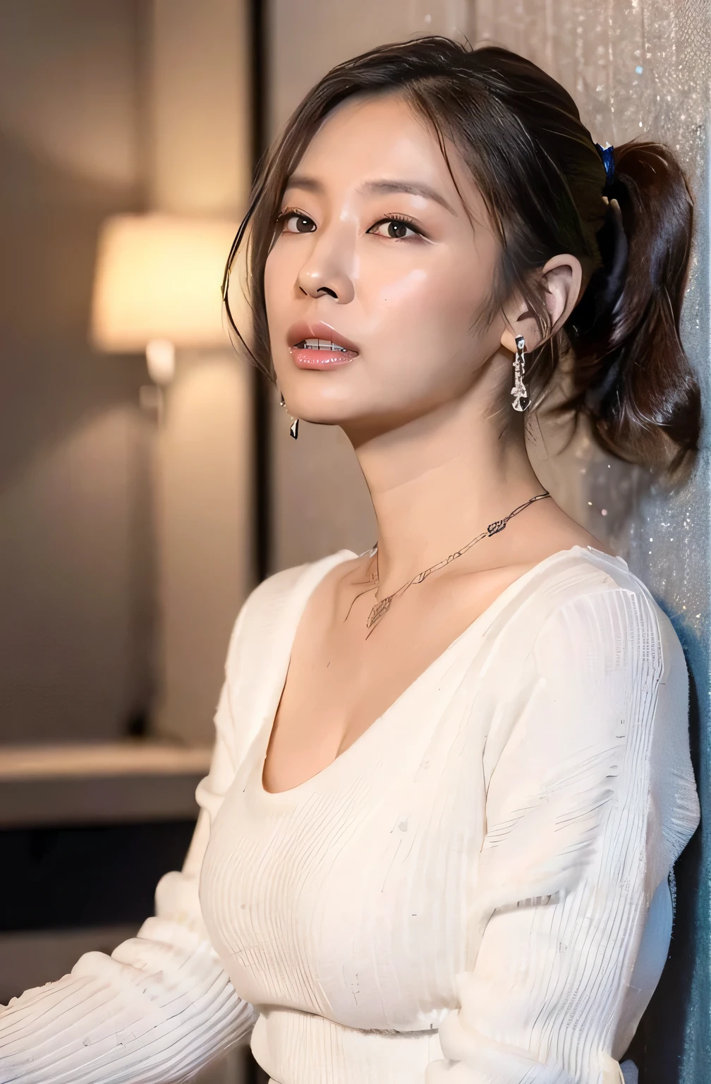 ((White knit crew neck shirt with glitter, Tight Skirt, No bra:1.4),

((Do you like beautiful women?？:1.2)),
((I want to kiss you？, I want to touch my breasts？, I want to cheat with you？:1.2)),

((Sexy atmosphere, hold out your lips, A sigh escapes, Disheveled Hair)),

((Stylish girls bar, Pitch-black interior, lamp, sitting on a stool at the counter, I can see your beautiful thighs, I&#39;m a little drunk, Nipples are erect, Gazing at the viewer, Facing directly ahead:1.5)),

((highest quality, 8k, masterpiece: 1.3)), Perfect body beauty: 1.4, (Breast A cup:1.2), Small breasts, Round shaped breasts, Perfectly shaped breasts, Highly detailed face, Beautiful woman, (Dark brown shortcuts), Slim face, Highly detailed face and skin texture, Highly detailed lips, (Realistic:1.4),

((Age 25, 2 people, A sexy, beautiful female announcer:1.5)),
((Earrings that match your outfit, Silver Necklace:1.2)), 

((Look up a little)),  
((Squint your eyes)), 
((purse your lips:1.2)),
((Blushing:1.2)),
((Small breasts,Flat Chest:1.2)),

Narrow shoulders, Long, slender legs, Thin waist, 
Ultra-detailed skin, Glossy Skin, Ultra detailed face, Ultra detailed breasts, 
Ultra-detailed eyes, Slit eyes, Brown eyes, double eyelid, Beautiful thin eyebrows, Thin, long eyelashes, 
Ultra-detailed lips, Fuller lips, Glossy pink lips, Flushed Cheeks, White teeth, 
Beautiful actress&#39;s languid make-up, Pink lipstick, Smoky eyeshadow, Eye foundation, 
Dark Brown Hair, Delicate and soft hair, Hair blowing in the wind, 
(Elegantly putting your hair up, Medium Short Hair, ponytail:1.2), 
