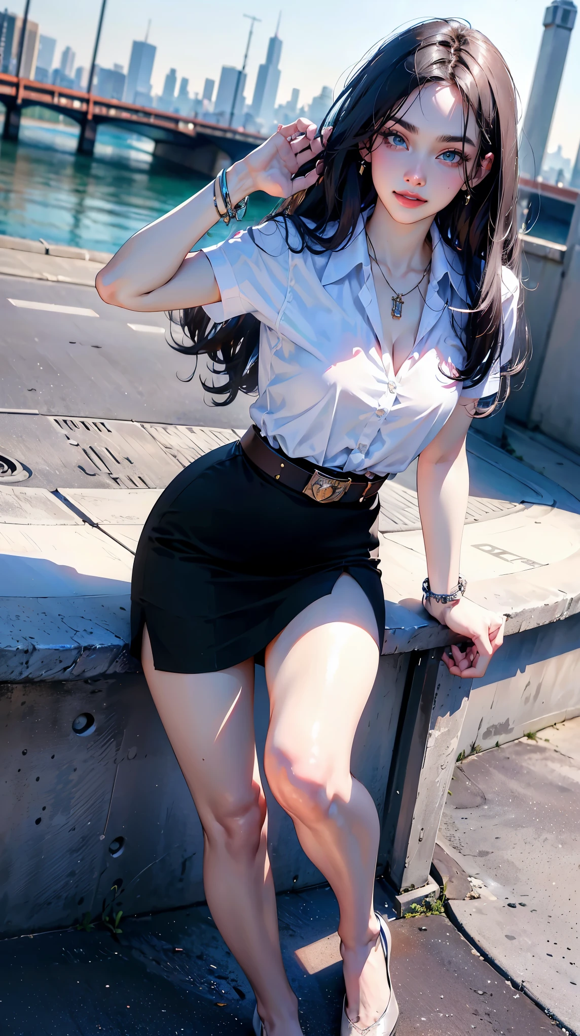 (masterpiece:1.3), (best quality:1.3), (realistic:1.3), (photorealistic:1.4), (extremely intricate:1.3), (exquisitely detailed skin), cinematic light, rimlight, vibrant color, depth of field, ultra high res, 8k, uhd, hyper realistic, perfect anatomy, best shadow, ray tracing, delicate, intricate detailed, raw photo, hdr, sharp focus, 1girl, solo, white skin, (fabulous long brunette hair), (large breasts), beauty queen and senior year university student, perfect hourglass body, tall with long toned legs, flat belly, beautiful woman (wearing mahalaiuniform), white shirt short sleeves, (black pencil skirt), belt, gloss lips, eyeshadow, jewelry, earrings, necklace, high heels, carrying black Chanel Boy bag, looking at viewer, naughty face, naughty smile, dynamic pose, scenery, city, cityscape, landscape, street, bridge