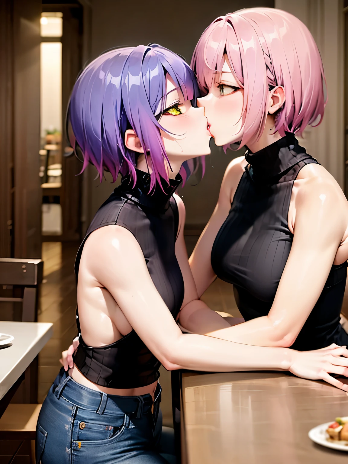 NSFW,Hololive,Towa Tokoyami,Short Hair,Married Woman,Turtleneck sweater,Sleeveless,Sideboob,jeans,(Perfect hands),(Perfect Anatomy),(masterpiece),(highest quality),Home,dining,table,One brown-haired man,(Kissing:1.5)