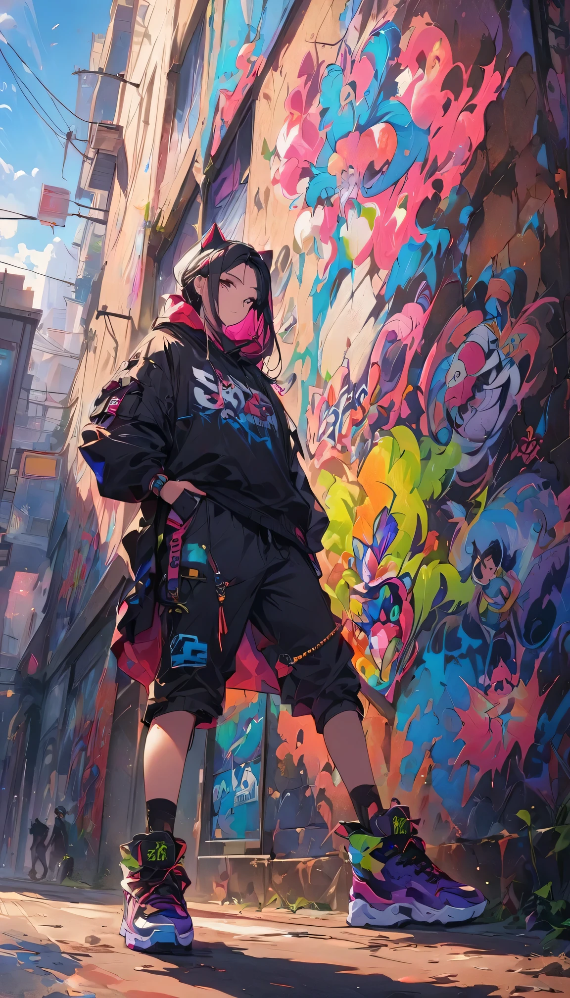 Close attention to people wearing hip-hop clothing，Hip-hop style，Energetic Street art murals，Expressive Graffiti，Bold colors，City Fashion，Intricate details，vivid street scenes，City Culture，Art beyond life，Rough texture，EnergeticHip-hop style，Exquisite brushwork，Eye-Catching Composition，High contrast，Powerful visual impact，Unapologetic attitude，Otherworldly characters，Otherworldly gestures，Impressive artistic skill，confident demeanor，Contagious energy，Real Hip-hop culture，Dynamic Movement，Graffiti style fashion。Image Quality: （best quality，4k，8k，High quality resolution，masterpiece：1.2），Art style: Street art，Graffiti，City，Hip-hop culture，City Fashion，Energetic，Energetic，Color tone: Bold Colors、vibrant hues、High contrast lighting: dynamic lighting、Lively atmosphere、The light of street lamps