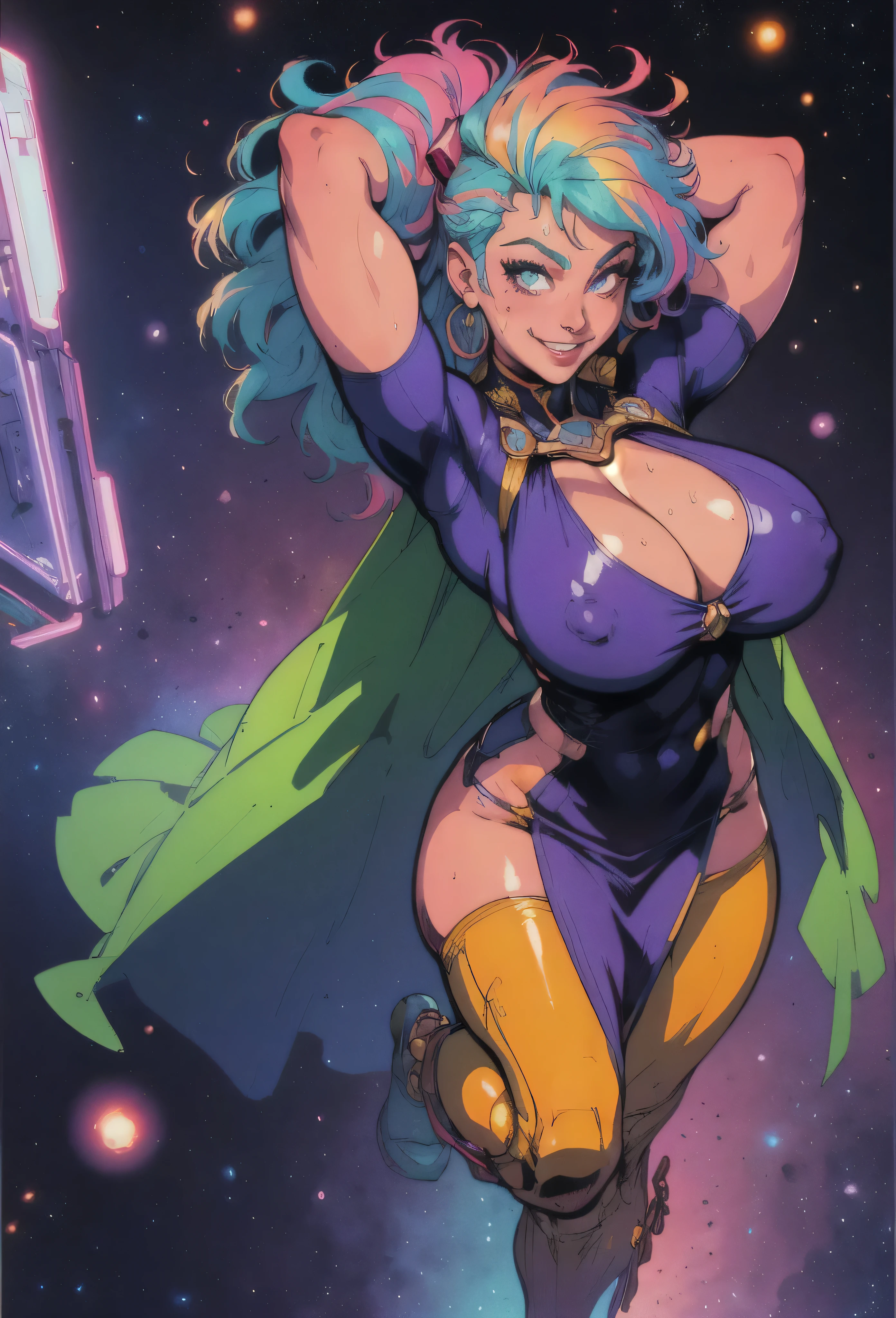 shining rainbow hair in wind, smiling young girl, Digital Painting, super hero, muscle girl, cute face, pose, fist up, arm up, ((from above)), 1 ((knee up)), Behance Contest Winner, Afrofuturism, Synthwave, neon, glowing neon, tight ((((sagging massive breasts)))), mini skirt with frill, Fluttering cape, ribbon, micro wears, large areola, sweat, glossy silky skin, ((smile)), thick waist, cosmic sparkling in space, frying, in dynamic perspective, in detailed coloring finished, by mucha,