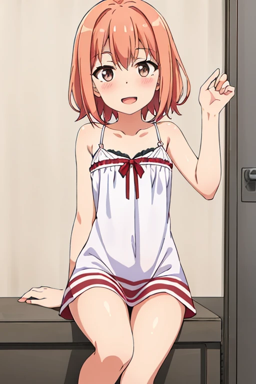 ((highest quality)), ((masterpiece)), (be familiar with), Perfect Face, indoor, Bedroom, Watching the audience,
One woman, Yuigahama Yui,
Open Mouth, Ecstatic expression, blush, smile,
Small breasts, Flat Chest, Young Girl, , , Girl,
Short Hair, Salmon-colored hair, Salmon-colored eyes, Side Pony,
Leg spread,