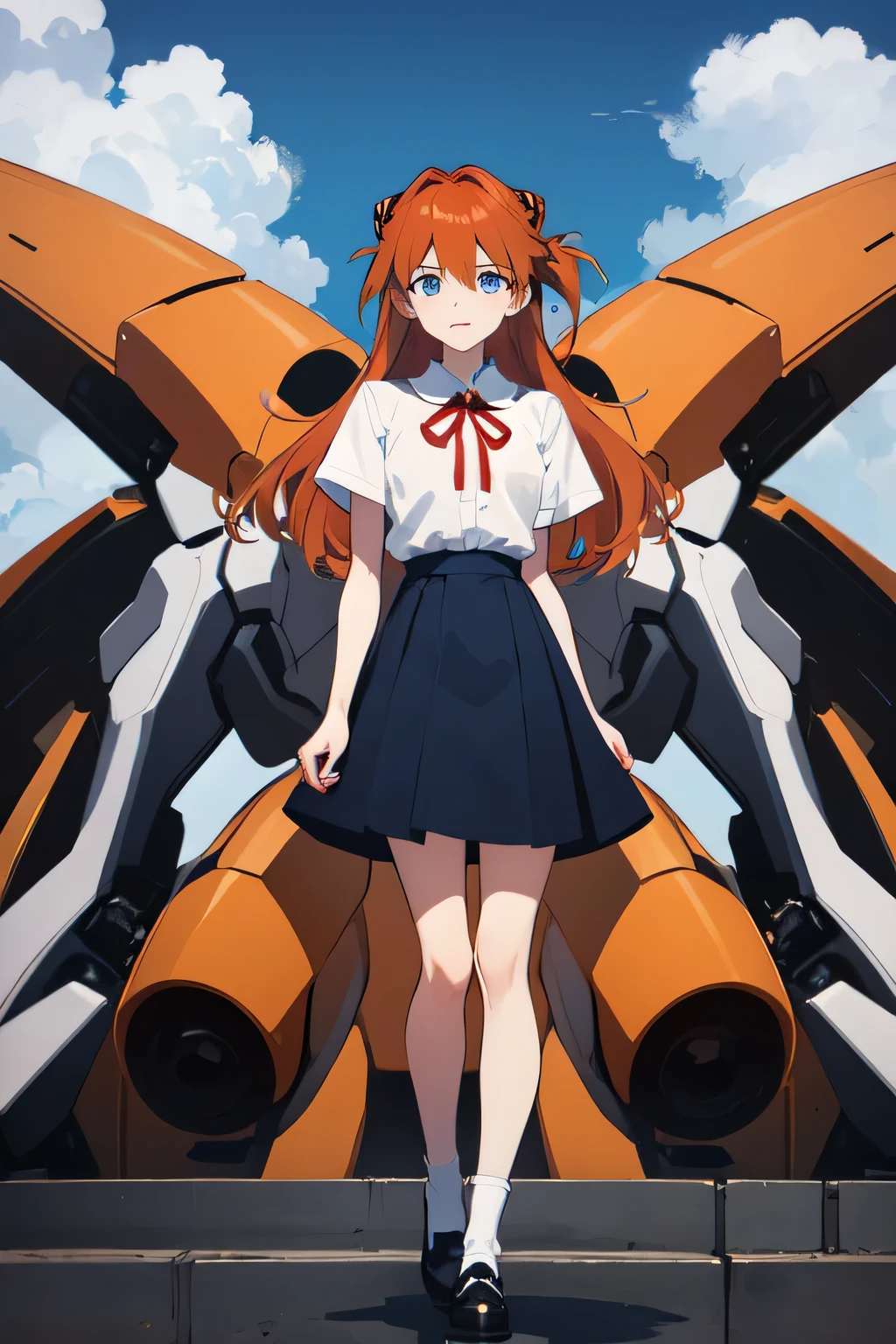 Asuka, One girl, Long Hair, View your viewers, blue eyes, skirt, shirt, hair ornaments, ribbon, , Green Eyes, Are standing, white shirt, Short sleeve, null, socks, cloud, Orange Hair, red ribbon, blue skirt, Knee-high, Put your arms behind your back, robot, Mecha, SF, Interface Headset, Tokyo 3 Middle , Evangelion (Mecha),  Royal, Royal background, 