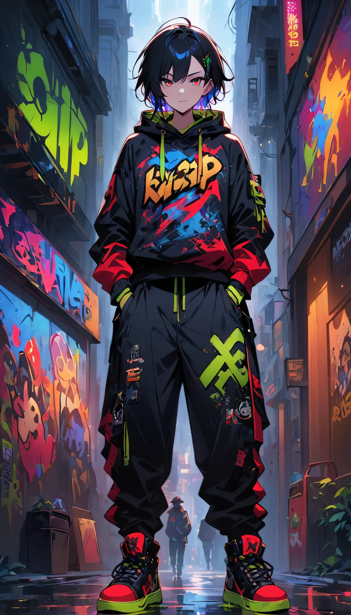 Close attention to people wearing hip-hop clothing,Hip-hop style,Energetic Street art murals,Expressive Graffiti,Bold colors,City Fashion,Intricate details,vivid street scenes,City Culture,Art beyond life,Rough texture,EnergeticHip-hop style,Exquisite brushwork,Eye-Catching Composition,High contrast,Powerful visual impact,Unapologetic attitude,Otherworldly characters,Otherworldly gestures,Impressive artistic skill,confident demeanor,Contagious energy,Real Hip-hop culture,Dynamic Movement,Graffiti style fashion。Image Quality: (best quality,4k,8k,High quality resolution,masterpiece:1.2),Art style: Street art,Graffiti,City,Hip-hop culture,City Fashion,Energetic,Energetic,Color tone: Bold Colors、vibrant hues、High contrast lighting: dynamic lighting、Lively atmosphere、The light of street lamps