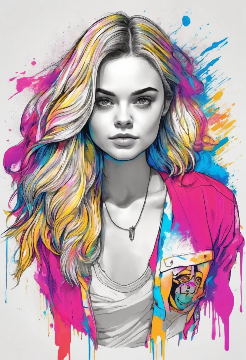 A beautiful young woman, combination of Erin Moriarty:0.9, joey king:0.7, Rachael Taylor:1.2 full body portrait, line art, high-quality ink drawing, ultra-detailed, realistic shading, vibrant colors, elegant posture, hanging out, vivid colors, flat image, Looking at the viewer in hip-hop style streetwear, long hair