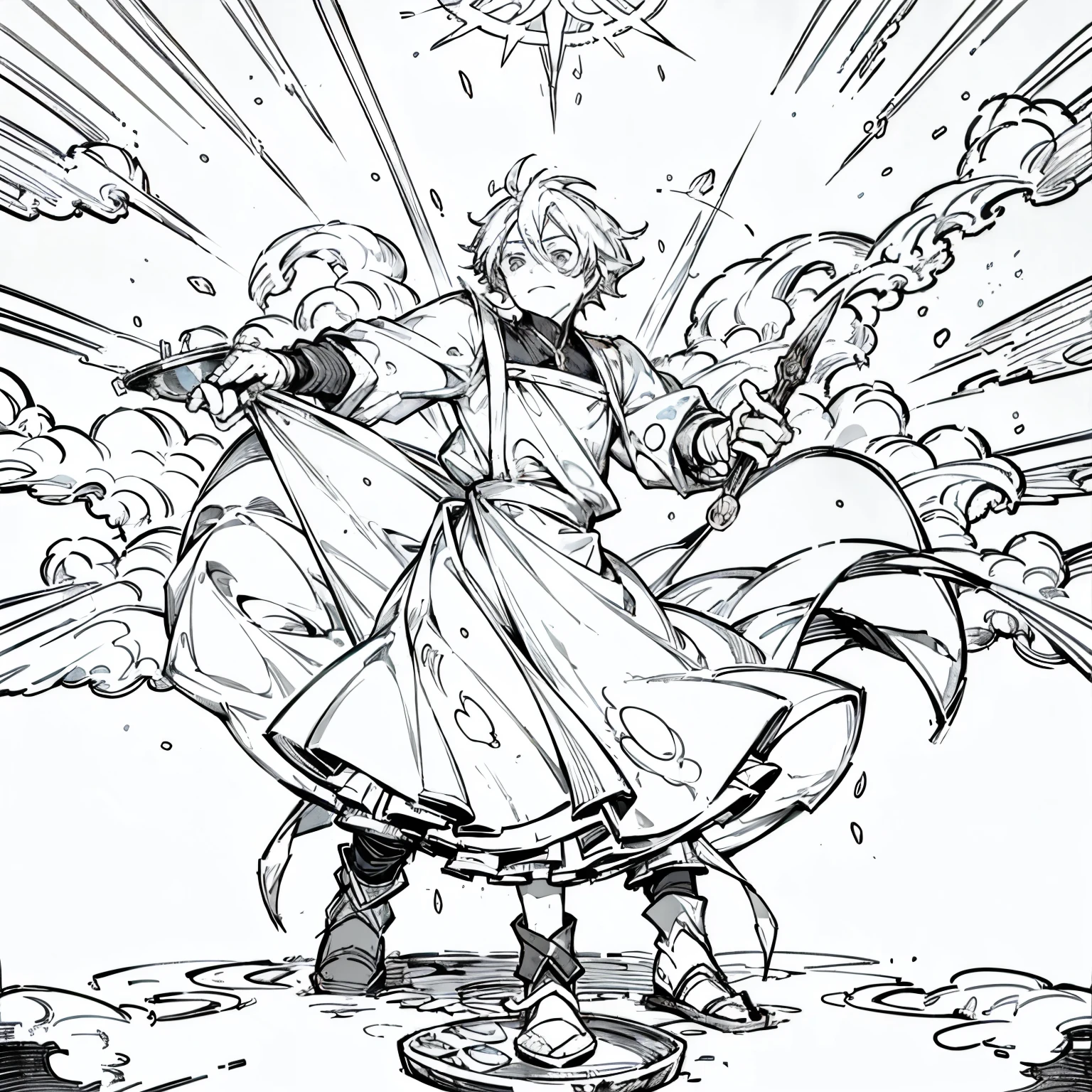 Anime homem chef de cuisine from Brazil, with a passionate expression, wearing an apron and holding a sharp chef's knife, creates a psychedelic dish in a bustling kitchen. The vibrant colors of the ingredients dance across the counter, as he skillfully chops and mixes, adding a dash of magic to the manga-inspired meal. The steam from the pots and pans wafts through the air, filling the room with an irresistible aroma. His concentration is unbroken, as he continues to craft this culinary masterpiece, transporting both himself and those fortunate enough to taste it, to a world of flavor and wonder.