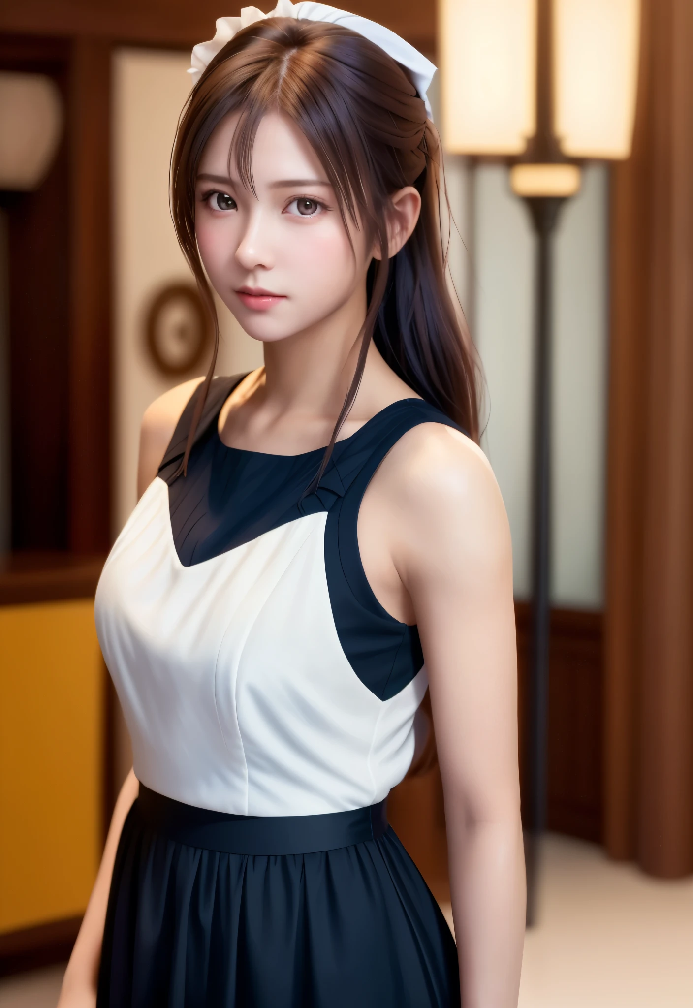8K, of the highest quality, masutepiece:1.2), (Realistic, Photorealsitic:1.37), of the highest quality, masutepiece, Beautiful young woman, Pensive expression,、A charming、and an inviting look, Cute Maid Clothes, Hair tied back, Cinematic background, Light skin tone