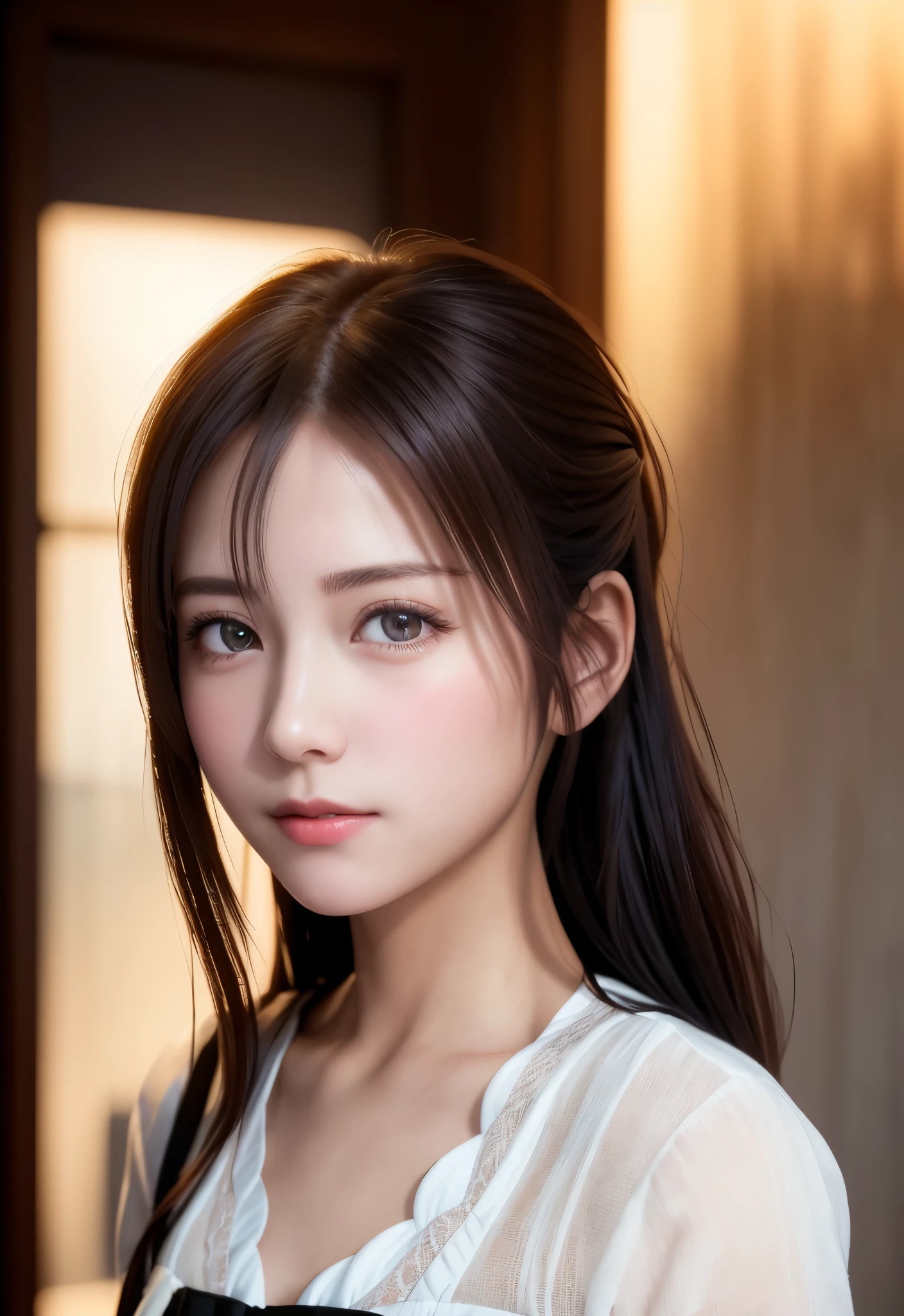 8K, of the highest quality, masutepiece:1.2), (Realistic, Photorealsitic:1.37), of the highest quality, masutepiece, Beautiful young woman, Pensive expression,、A charming、and an inviting look, Cute Maid Clothes, Hair tied back, Cinematic background, Light skin tone