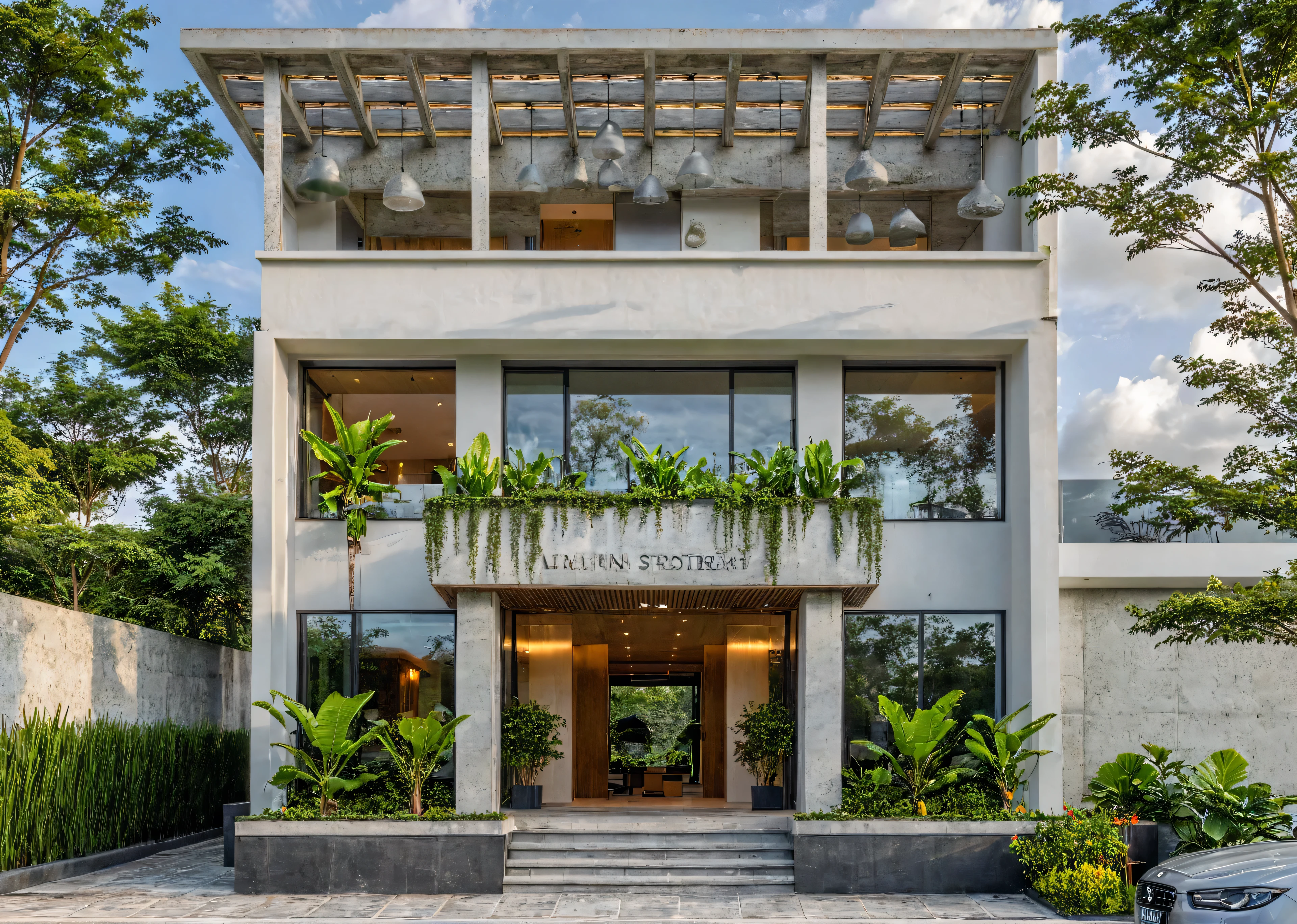 Masterpiece, high quality, best quality, authentic, super detail, outdoors, onestoreyvillaXL, aiaigroup, house style modern on the street ,stairs, white wall ,road,pavement, grass, trees, sky, cloud, (daylight:1.1)
