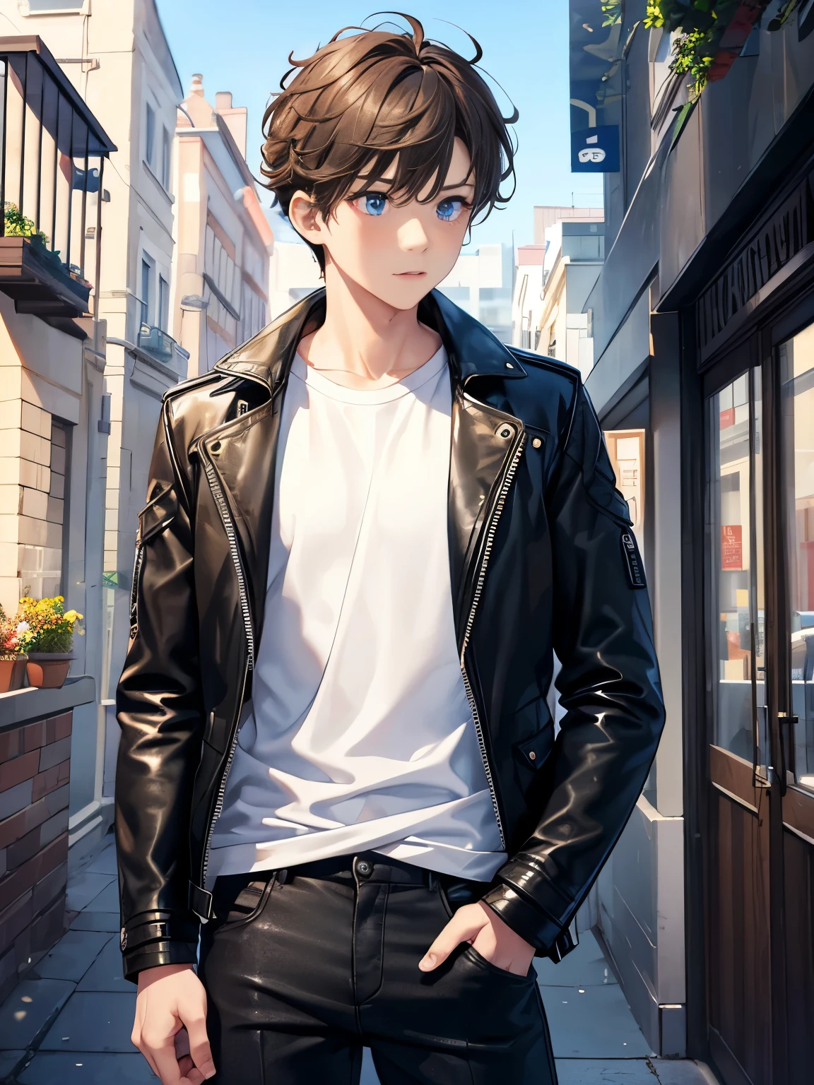 1boy,guy,looking away,standing,Shocked expression,blue eyes,half body photo,18 years old,Curly hair,medium hair,undercut hairstyle,light brown hair,black jacket,Leather jacket,white t-shirt,white trousers,morning,ultra detail,masterpiece