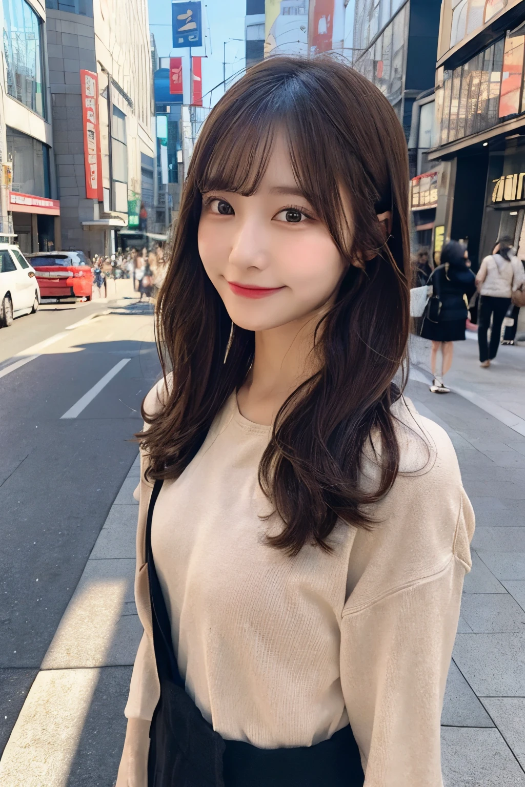 masterpiece, 4K, Flat Color, Depth of written boundary, Lens Flare 1 Girl, Brown Hair, Looking at the audience, interior,, Tokyo, Shinjuku, street, smile, Big and ample breasts, sweating, Black trousers, Black hoodie, sight, Small face, bangs.