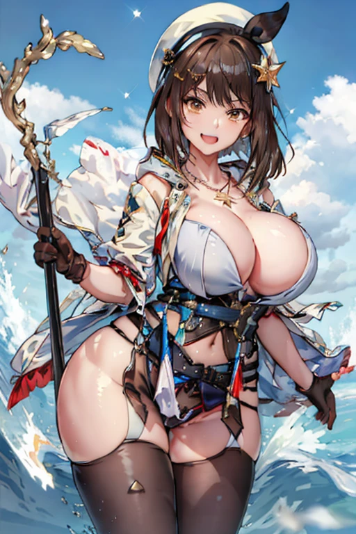 ((highest quality)), ((masterpiece)),High resolution,Sharp focus,(Super detailed,Very detailed),(Very detailed CG unity 8k wallpaper),
(((Vibrant colors))), Perfect Face,
Liza Lynn Stout, Raisalin Stout, 
Big Ass,Big Breasts,glamorous_expensive_Tight waist_Long legs,curve,Thighs,curvy,
very shiny 肌,Shiny body,plastic glitter 肌,exaggerated shiny 肌,illuminated skin,
cute,Lewd,erotic,Bold,Camel Toe,short hair,Brown Hair,Knee socks,gloves, brown gloves, 片手gloves,レザー gloves,
White Hat, Star Necklace,hair ornaments, (Brown eyes:1.5), Hair Clip, 
8k wallpaper, (figure:0.8), (Beautiful fine details:1.6), 
Very detailedな顔, Very detailedなCG, (Perfect hands, Perfect Anatomy),
Open your mouth, upper body, close up, ok sign, Shy laugh,View from below,Beyond the Clouds, Surrounded by water, reflection,Breathtakingly beautiful clouds,coastal,