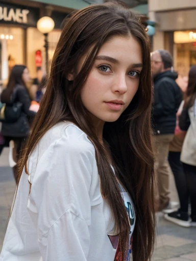 (best quality, ultra-detailed, realistic:1.37), young girl (), beautiful detailed eyes, beautiful detailed lips, long brown hair , vibrant center mall backdrop, far from the camera, black long socks, photo, occidental girl, far from the camera
