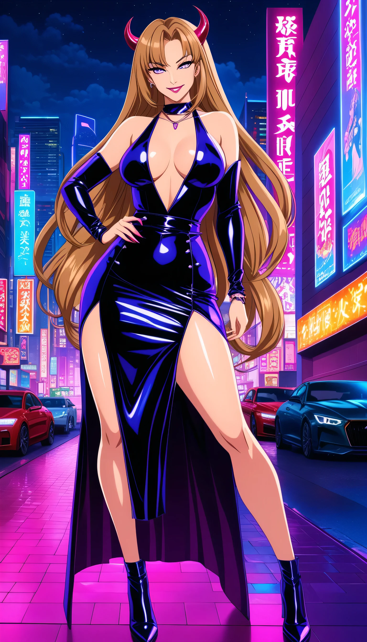 (masterpiece, professional photo:1.1), (8k, high resolution), (anime art style:1.2), milf, demon girl, (straight long lush hair (dark blonde)), full body shoot, sexy curve, beautiful face, ultra detail eyes, slitted pupils, (evil smirk:1.1), small breast, (sexy outfit:1.2), vaporwave city, night time, sexy goddess, high quality image