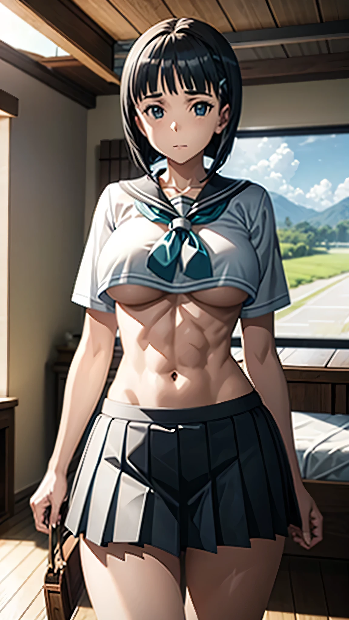 1 female,((front)),Cowboy Shot,suguha kirigaya,short sleeved sailor suit,underboob,very short pleated skirt,skirt that has slipped down,gray skirt,large breasts,very slim body:2,beautiful abs:1.2,BREAK,Highest quality,masterpiece,