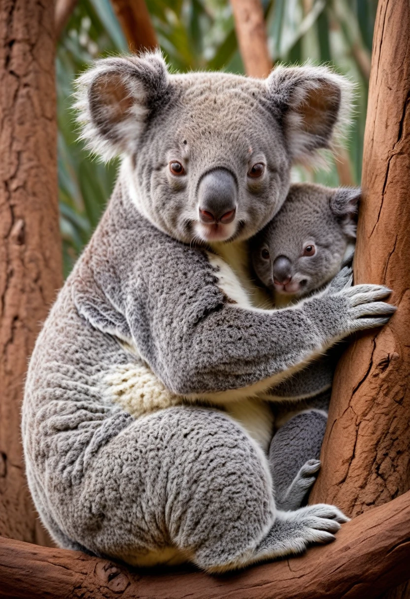 In the zoo, a little koala snuggled tightly against its mother's back, creating a fun and warm scene. Koala mothers patiently carry their babies around, showcasing the intimacy and protection between mother and son in the natural world, making people feel the power of maternal love across species, (masterpiece, best quality, Professional, perfect composition, very aesthetic, absurdres, ultra-detailed, intricate details:1.3)