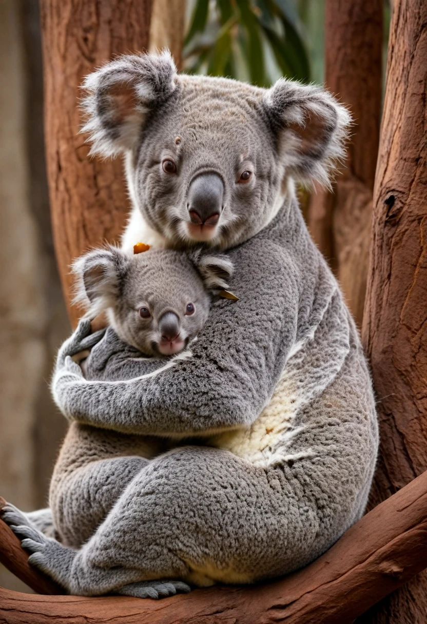 In the zoo, a little koala snuggled tightly against its mother's back, creating a fun and warm scene. Koala mothers patiently carry their babies around, showcasing the intimacy and protection between mother and son in the natural world, making people feel the power of maternal love across species, (masterpiece, best quality, Professional, perfect composition, very aesthetic, absurdres, ultra-detailed, intricate details:1.3)