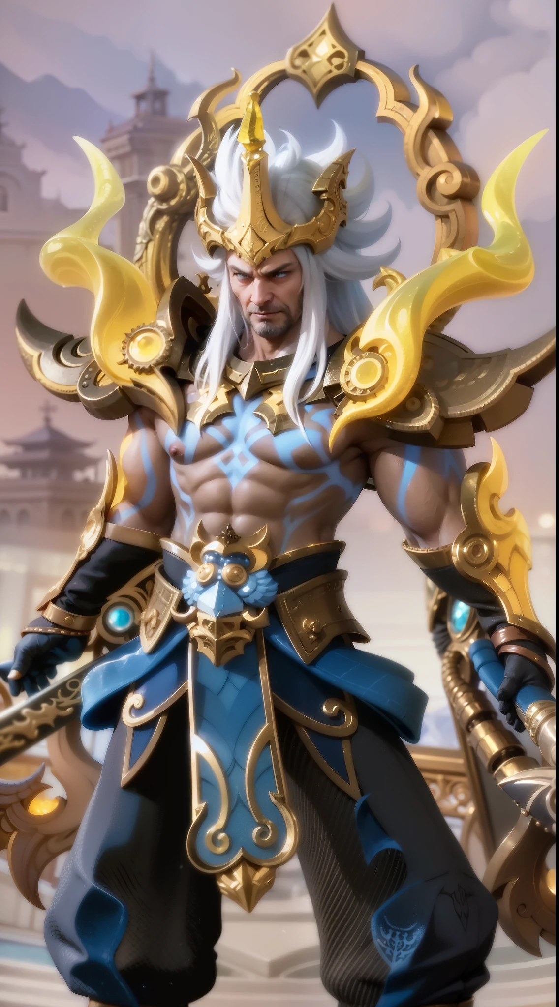 a close up of a man holding a sword in a sky, Masterpiece, ultra HD, detailed all picture, a close up of a devil, dyrroth from mobile legend, evil, extremely detailed artgerm, mobile legends character, inspired by Dyrroth, Six pack chest and abs, black jewel above the chest, light yellow eyes, glare.