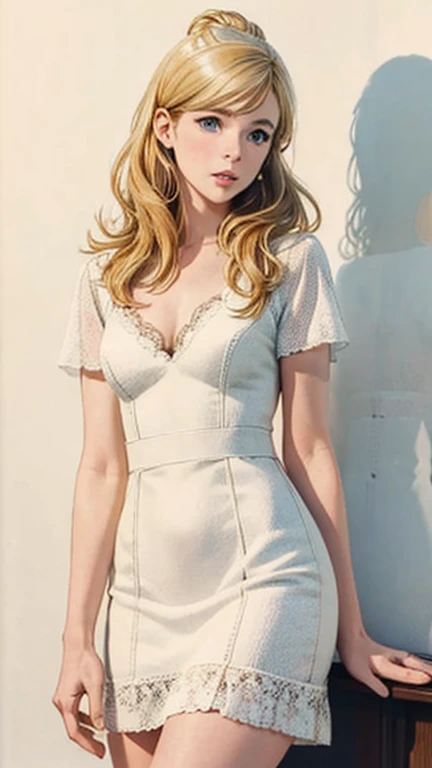Beautiful young woman blended with, Erin Moriarty, Jennifer Connelly, Zooey Deschanel full body portrait, line art, high-quality ink drawing, ultra-detailed, realistic shading, vibrant colors, elegant posture, hanging out, small breast, vivid colors, flat image, top knot, blonde hair, wearing a dress, and flats